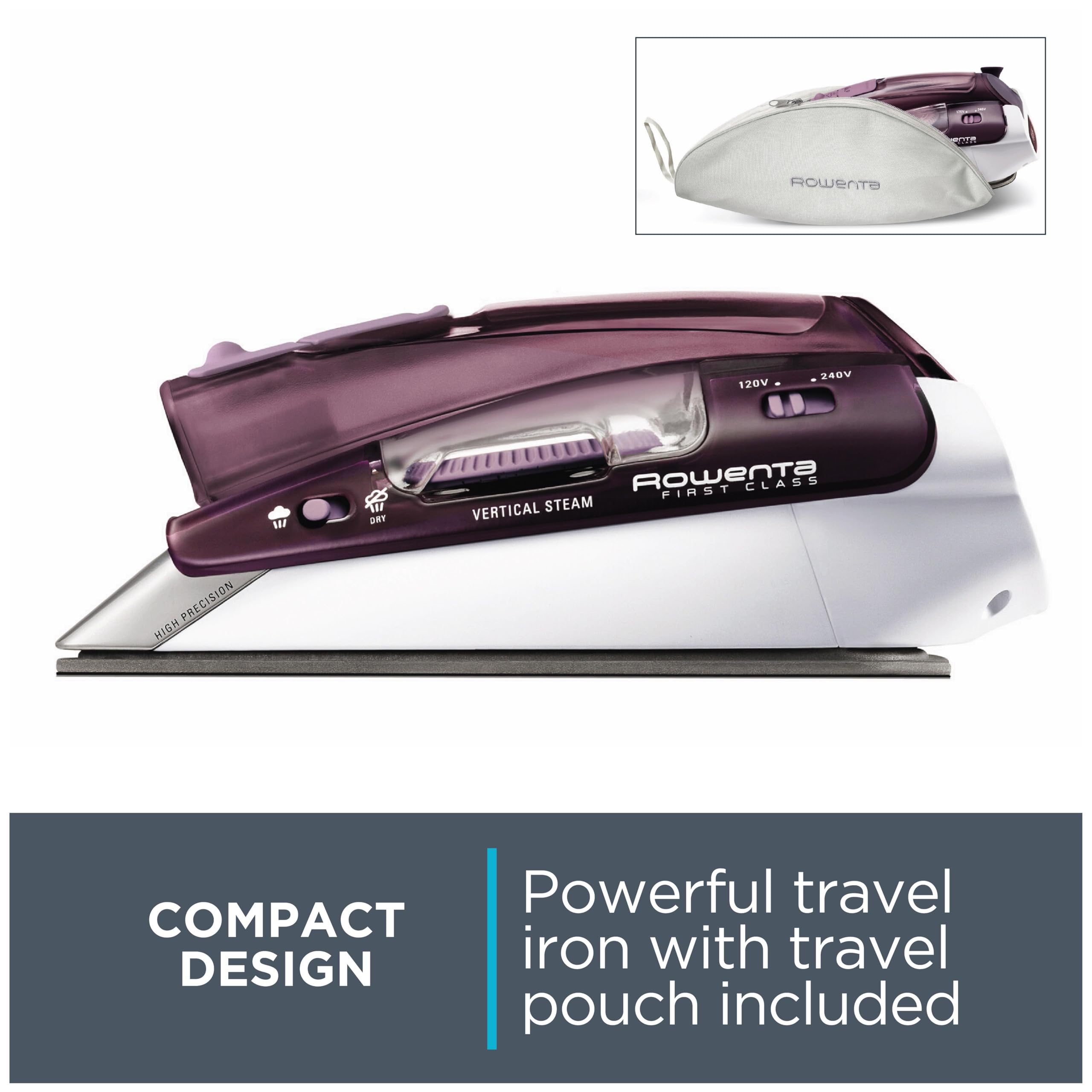 Rowenta Travel Iron, Pro Compact Stainless Steel Soleplate Hand Held Steamer Iron for Clothes, 200 Microsteam Holes, 1000 Watts Ironing