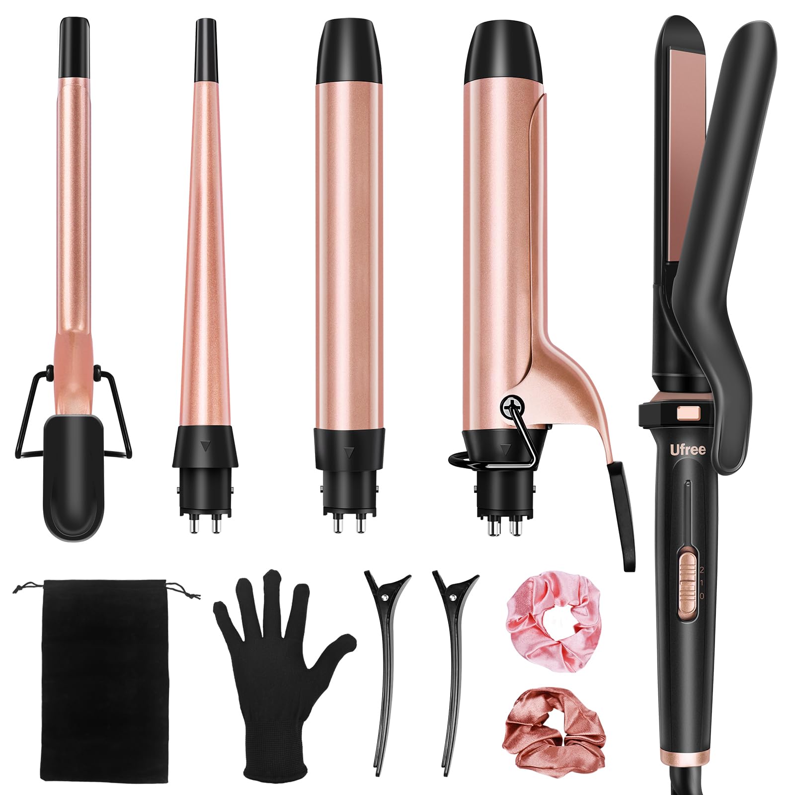 Ufree 5 in 1 Curling Iron with Interchangeable Ceramic Barrels (0.35"-1.25"), Curling Wand Set with Flat Iron Hair Straightener, Women Gifts