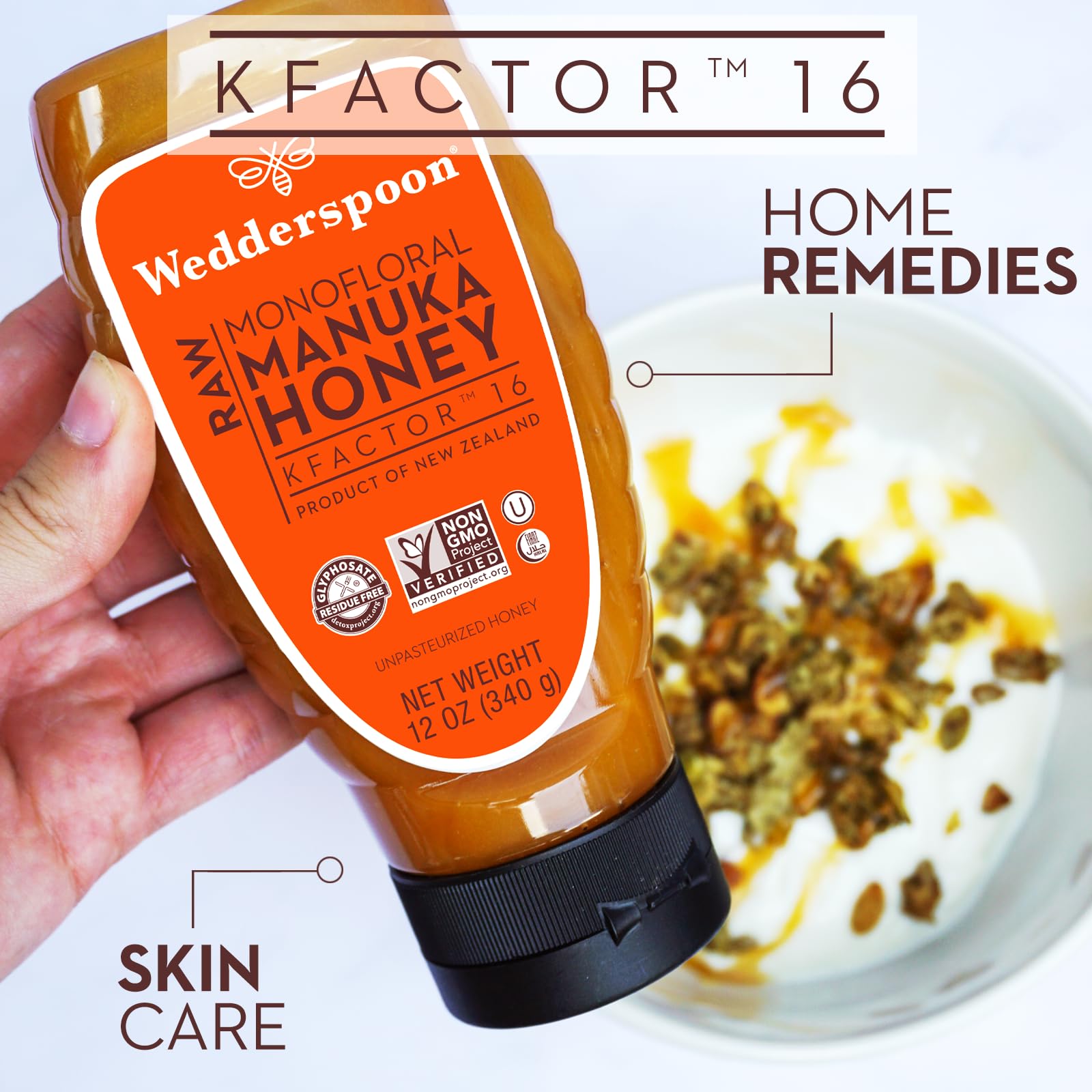 Wedderspoon Raw Premium Manuka Honey, KFactor 16, 12 Oz, Unpasteurized, Genuine New Zealand Honey, Multi-Functional
