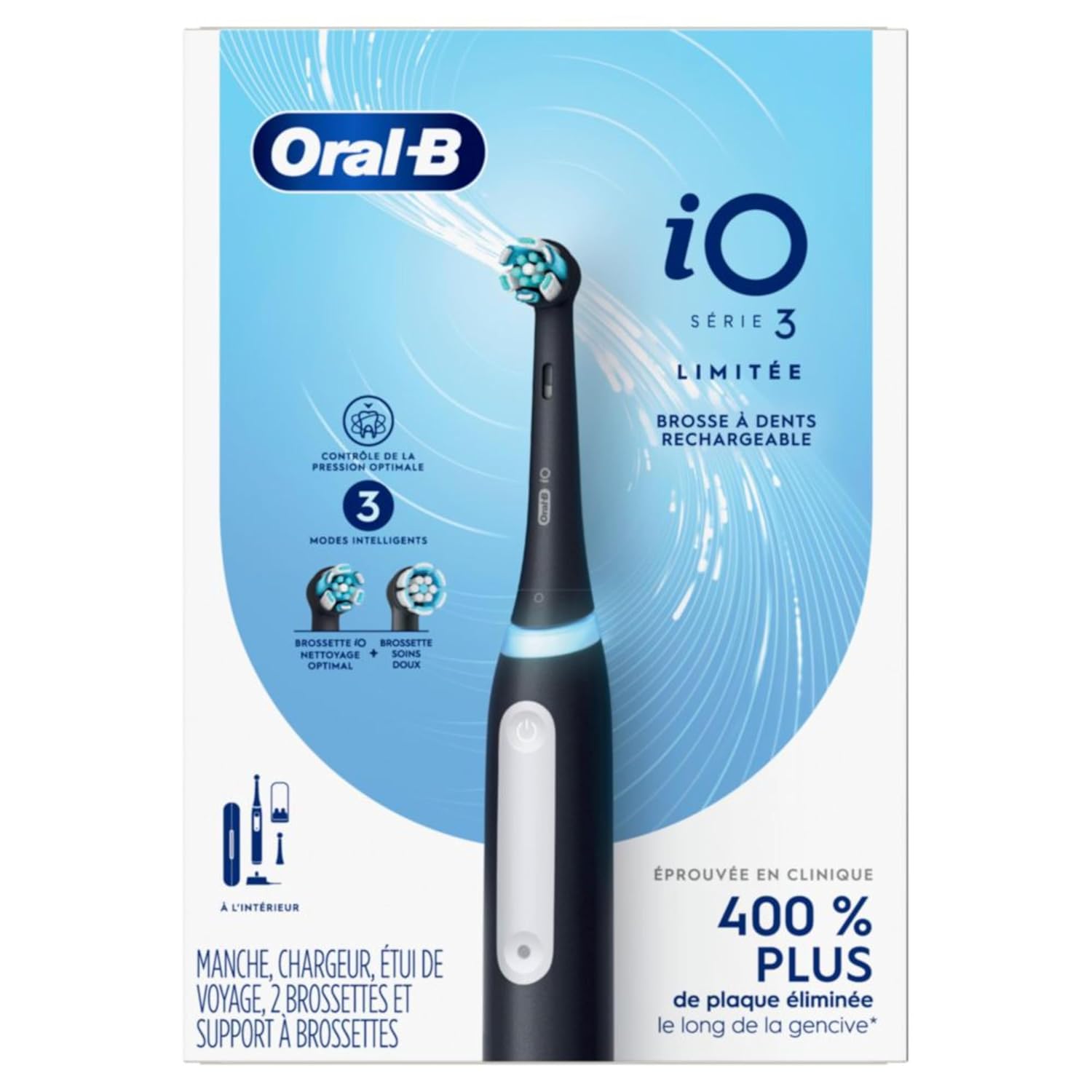 Oral-B iO Deep Clean Rechargeable Electric Powered Toothbrush, Black with iO Series 3 Limited, 2 Brush Heads and Travel Case