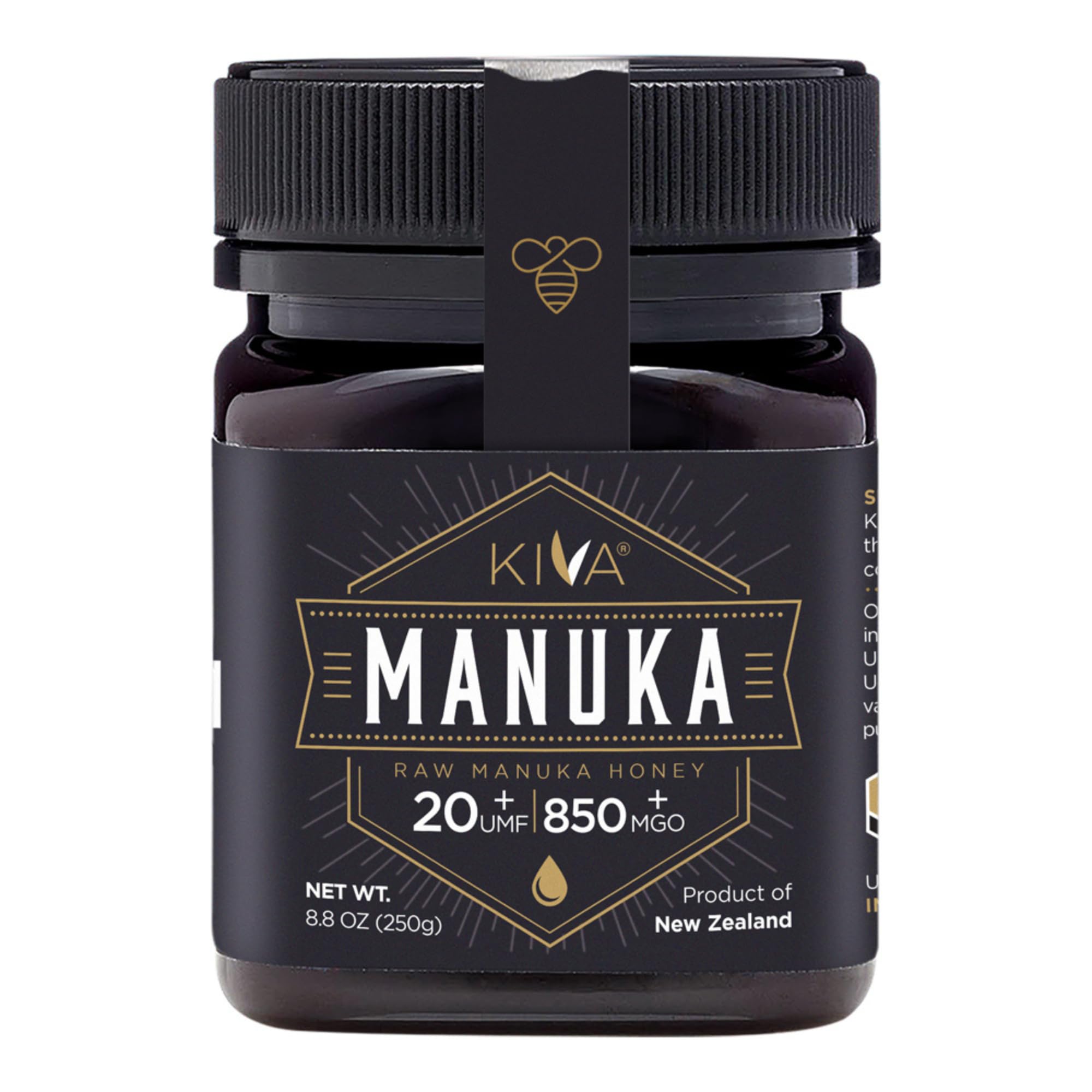 Kiva Raw Manuka Honey Certified UMF 20+, MGO 850+ 100% Pure New Zealand Honey - Non-GMO, Traceable, Non-Glyphosate (8.8 oz)