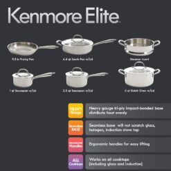 Kenmore Elite Devon Heavy Gauge Stainless Steel Tri-Ply Impact Bonded Induction Cookware Set, 10-Piece