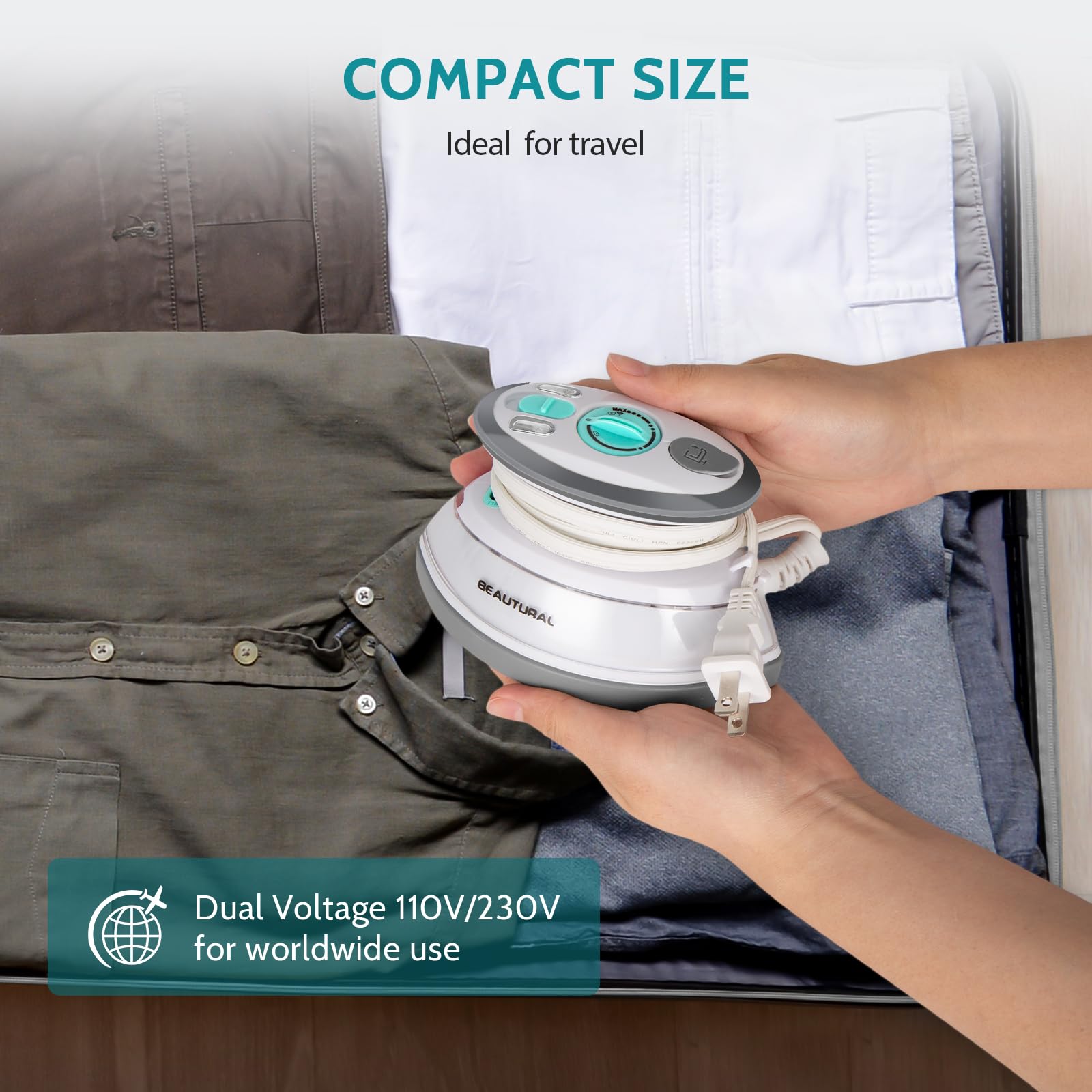 BEAUTURAL Mini Travel Steam Iron for Clothes with Dual Voltage, Non-Stick Soleplate, Anti-Slip Handle