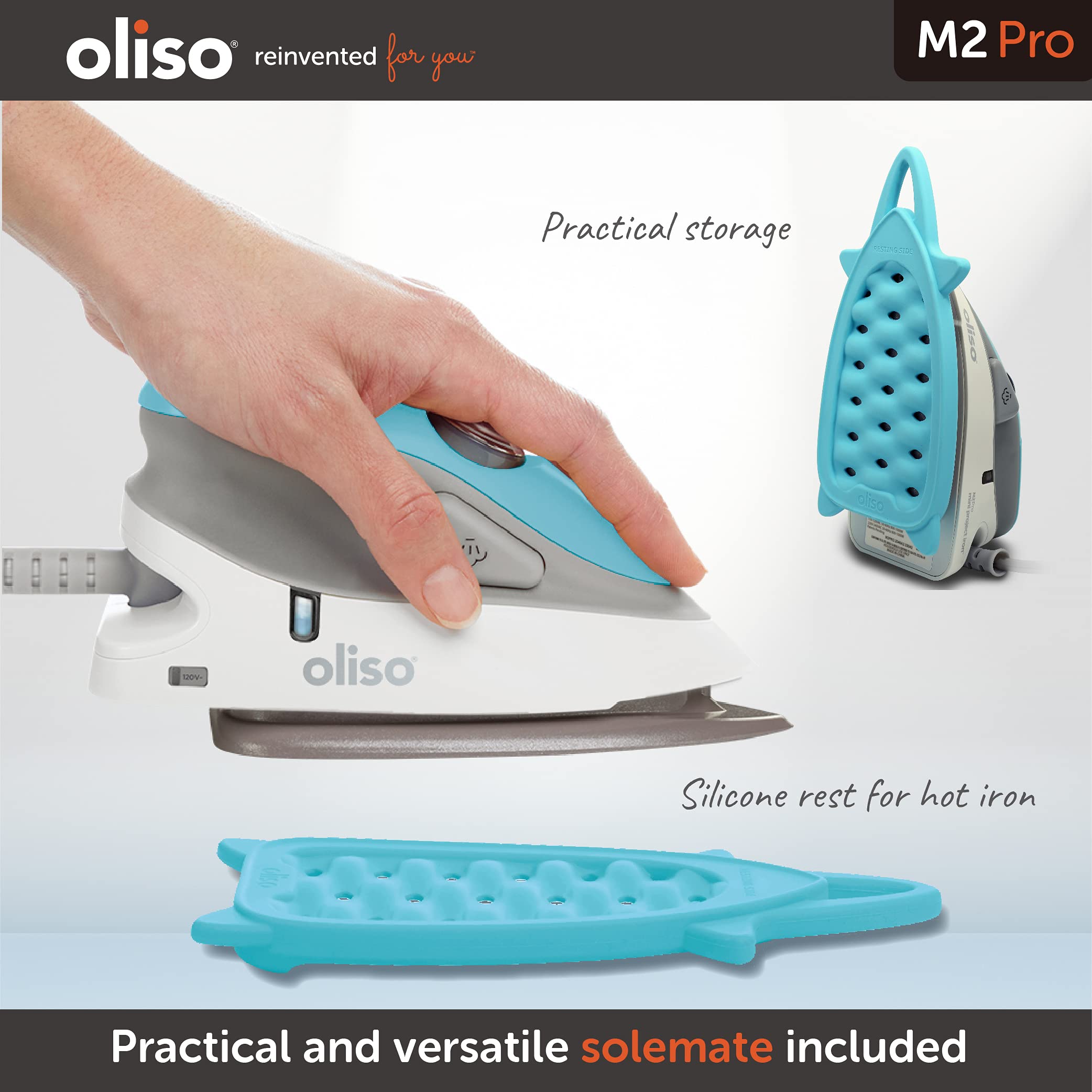 Oliso M2 Mini Project Steam Iron with Solemate - for Sewing, Quilting, Crafting, and Travel, Turquoise