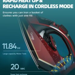OMAIGA Cordless Iron, 1500W Cordless Iron with Steam with 11.84ozs Water Tank, Anti Drip Iron Cordless with Ceramic Soleplate