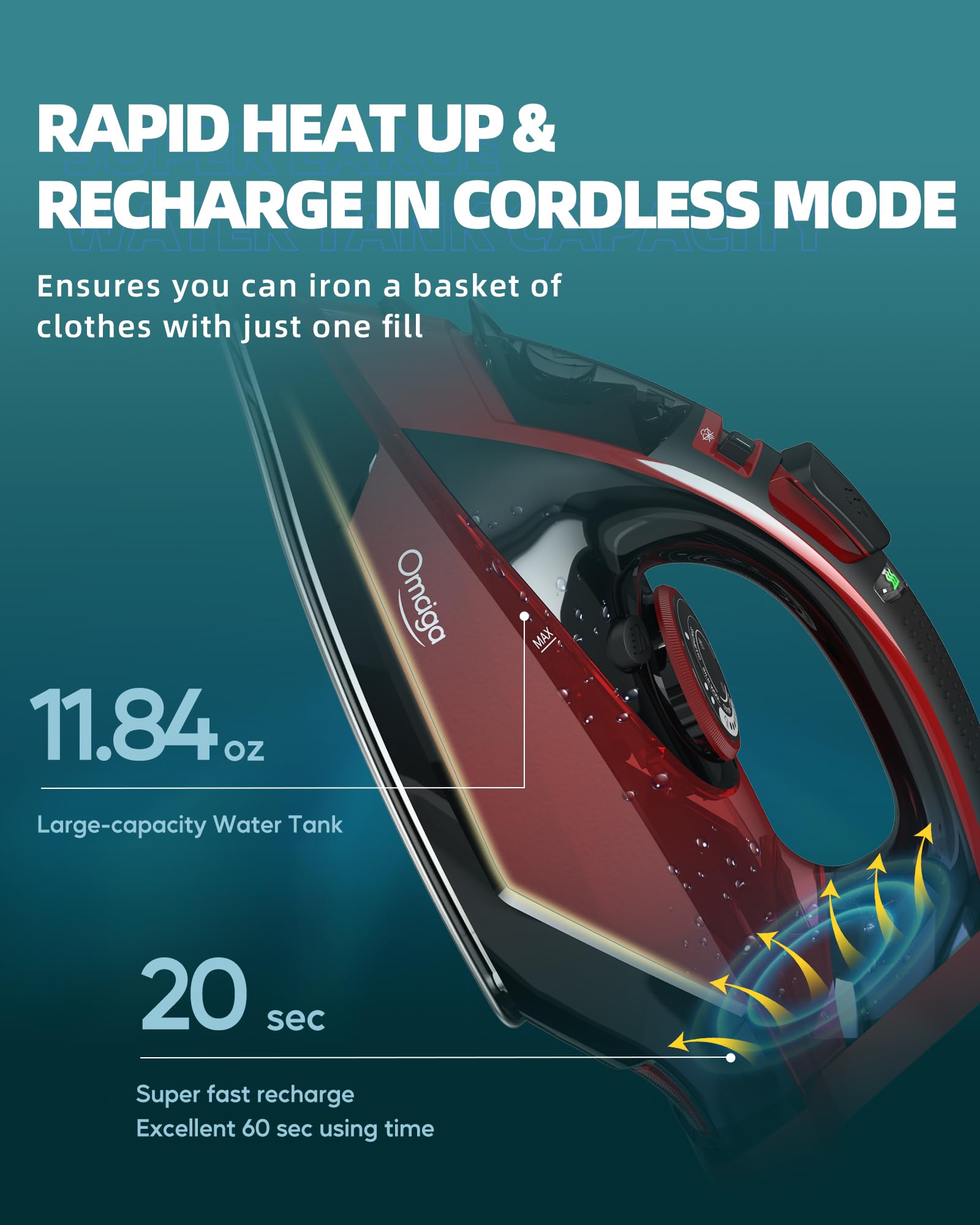 OMAIGA Cordless Iron, 1500W Cordless Iron with Steam with 11.84ozs Water Tank, Anti Drip Iron Cordless with Ceramic Soleplate