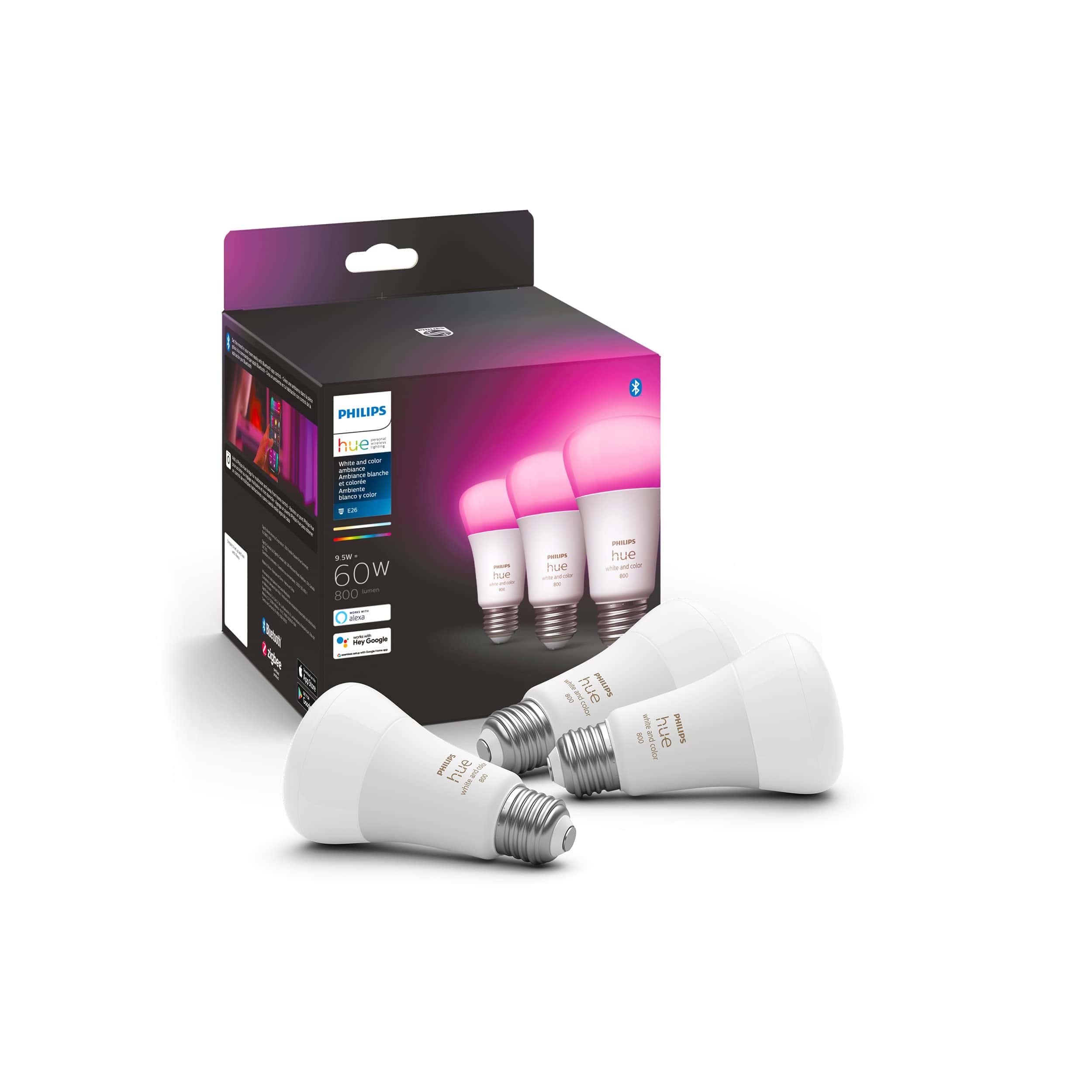 Philips Hue A19 LED Smart Light Bulb - White and Color Ambiance - 60W Indoor Light Bulb, 3 Pack