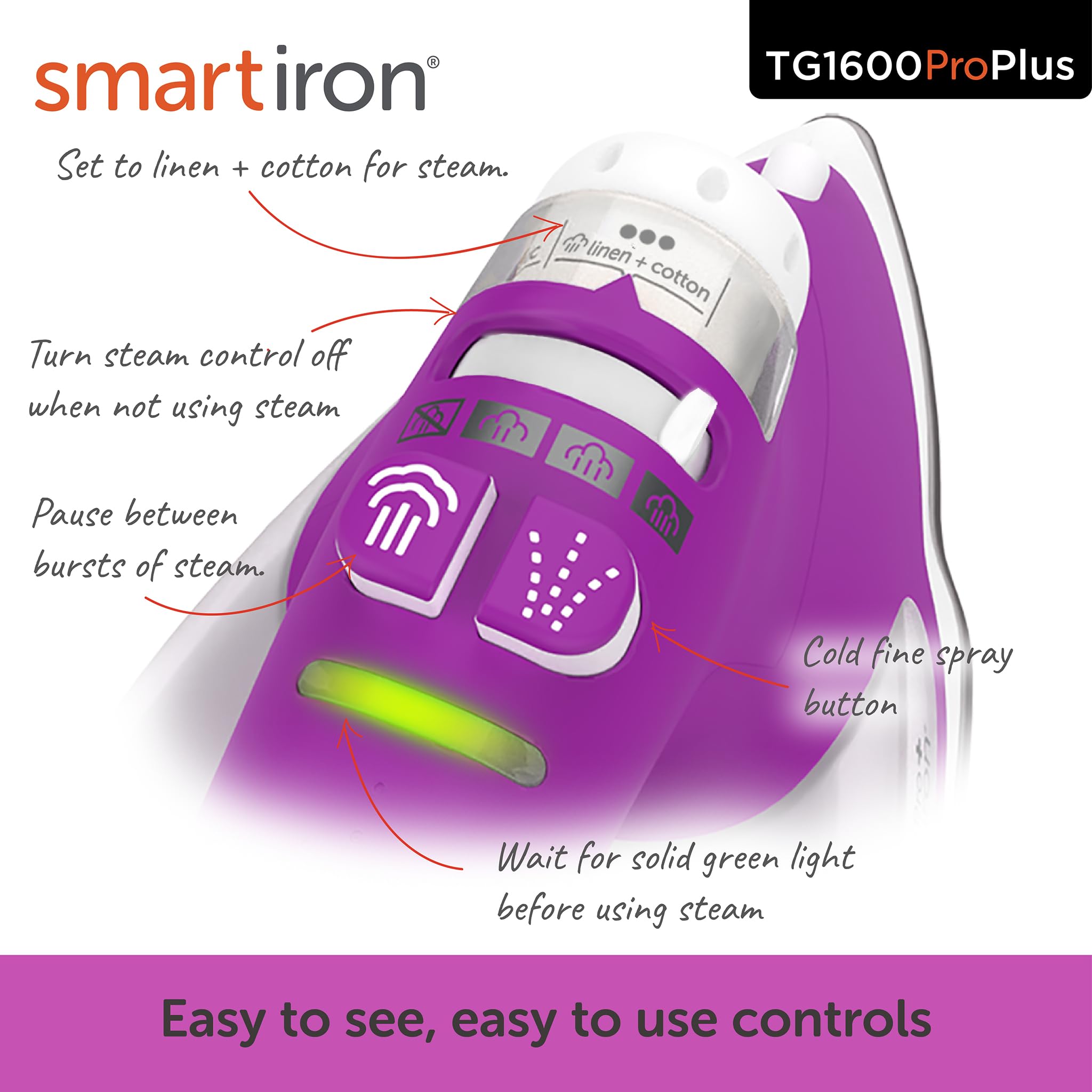 Oliso TG1600 Pro Plus 1800 Watt SmartIron with Auto Lift - for Clothes, Sewing, Quilting and Crafting Ironing, Purple