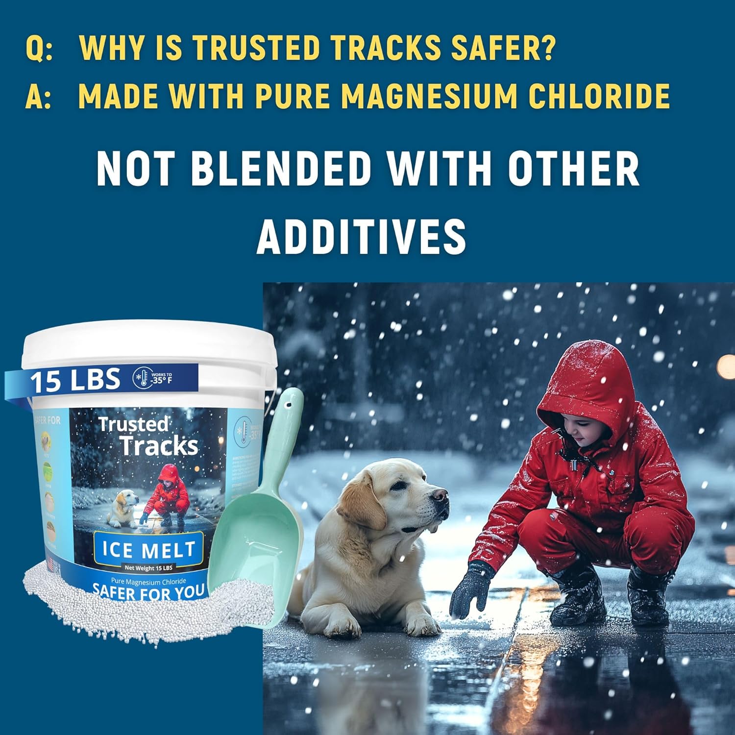 Ice Melt, Pet Safe Ice Melt, 15 LBS Premium Snow Melter, Pure Magnesium Chloride, Safer for Pets, Concrete, Effective to -35 F, 15 lb