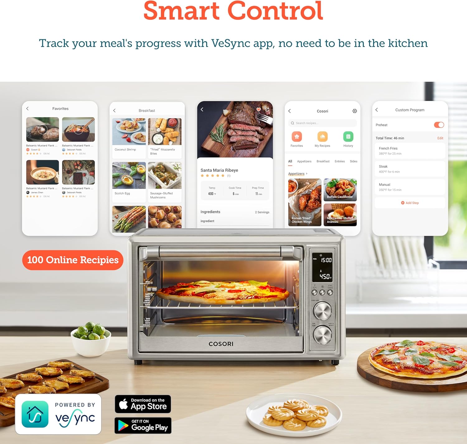 COSORI Air Fryer Toaster Oven Combo 13-in-1, 32Qt APP & Voice Control Convection Oven Countertop, Silver, Stainless Steel