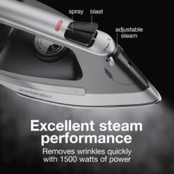 Proctor Silex Steam Iron for Clothes with Durable Stainless Steel Soleplate, 1500 Watts, 8’ Retractable Cord, Gray and Black (14250)