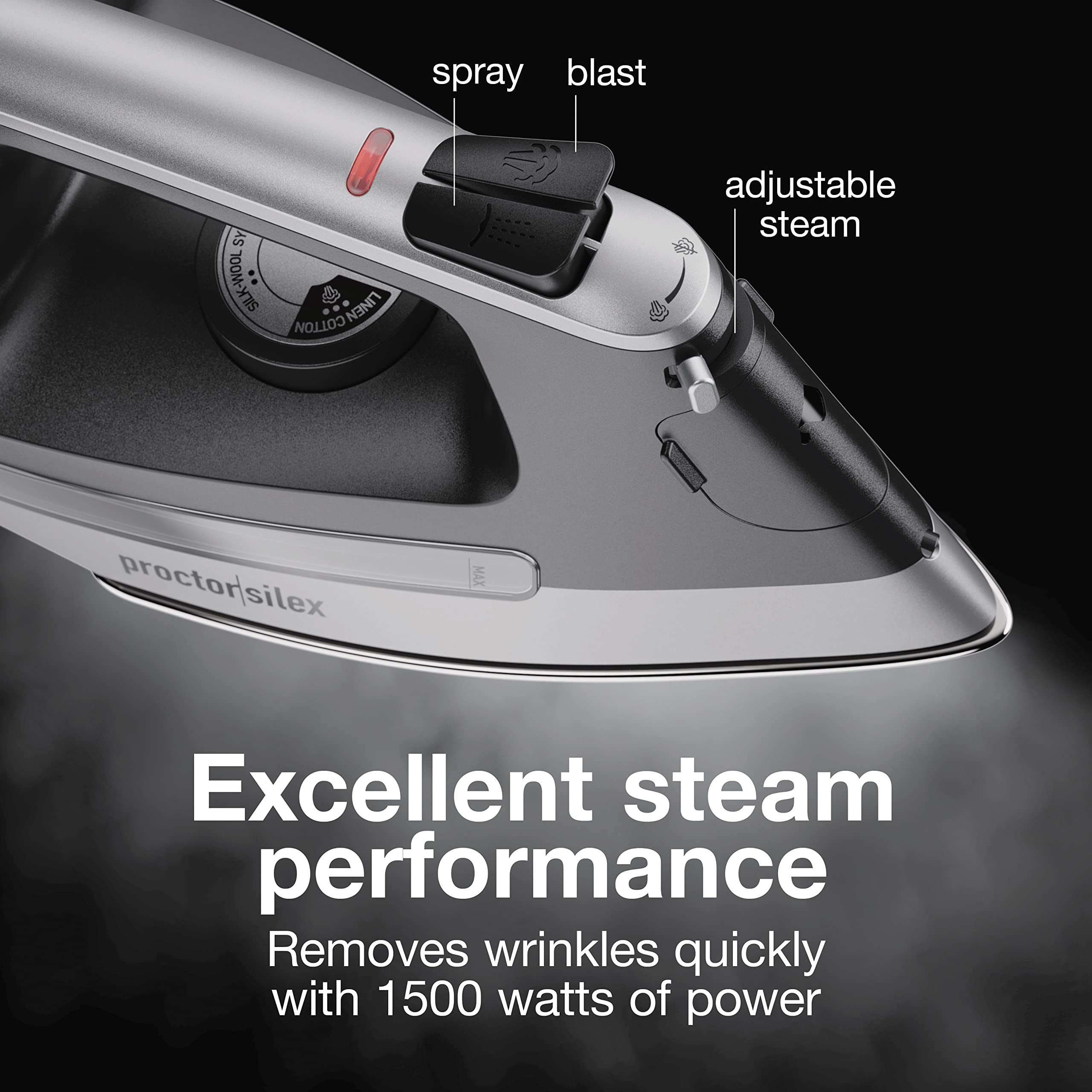 Proctor Silex Steam Iron for Clothes with Durable Stainless Steel Soleplate, 1500 Watts, 8’ Retractable Cord, Gray and Black (14250)