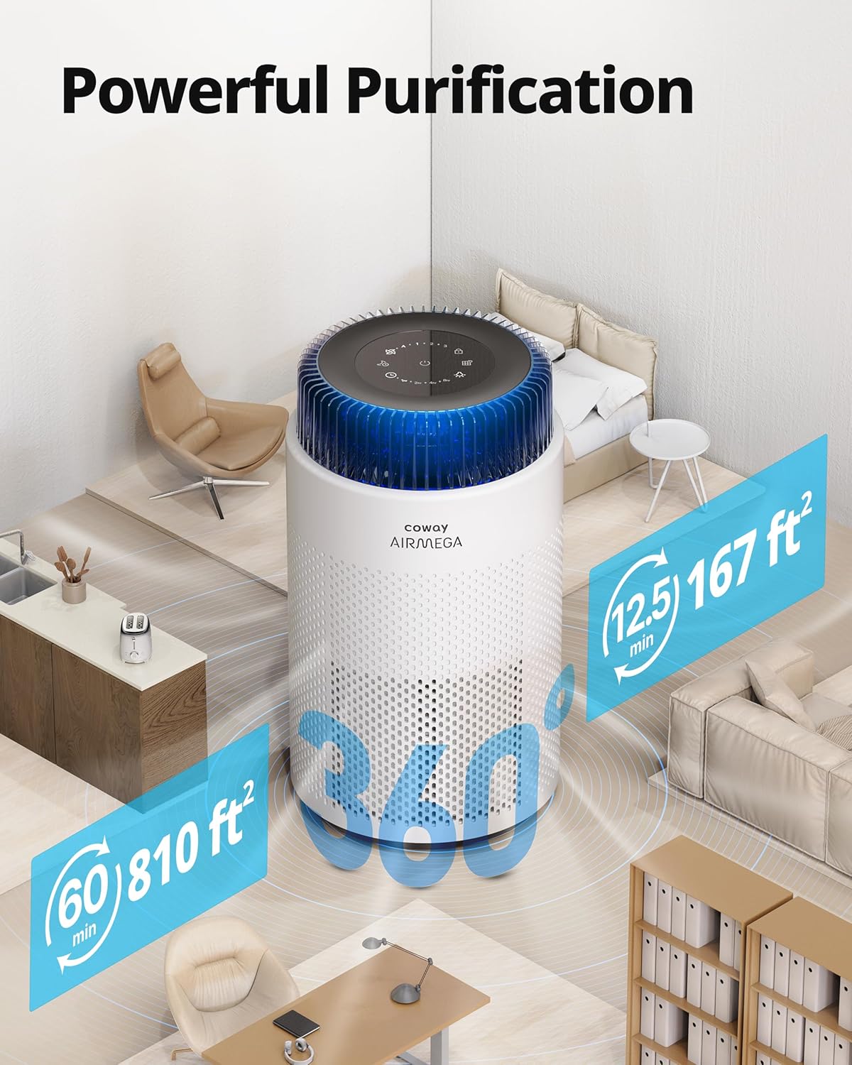 COWAY Air Purifiers for Bedroom Home up to 810 ft², True HEPA Filter