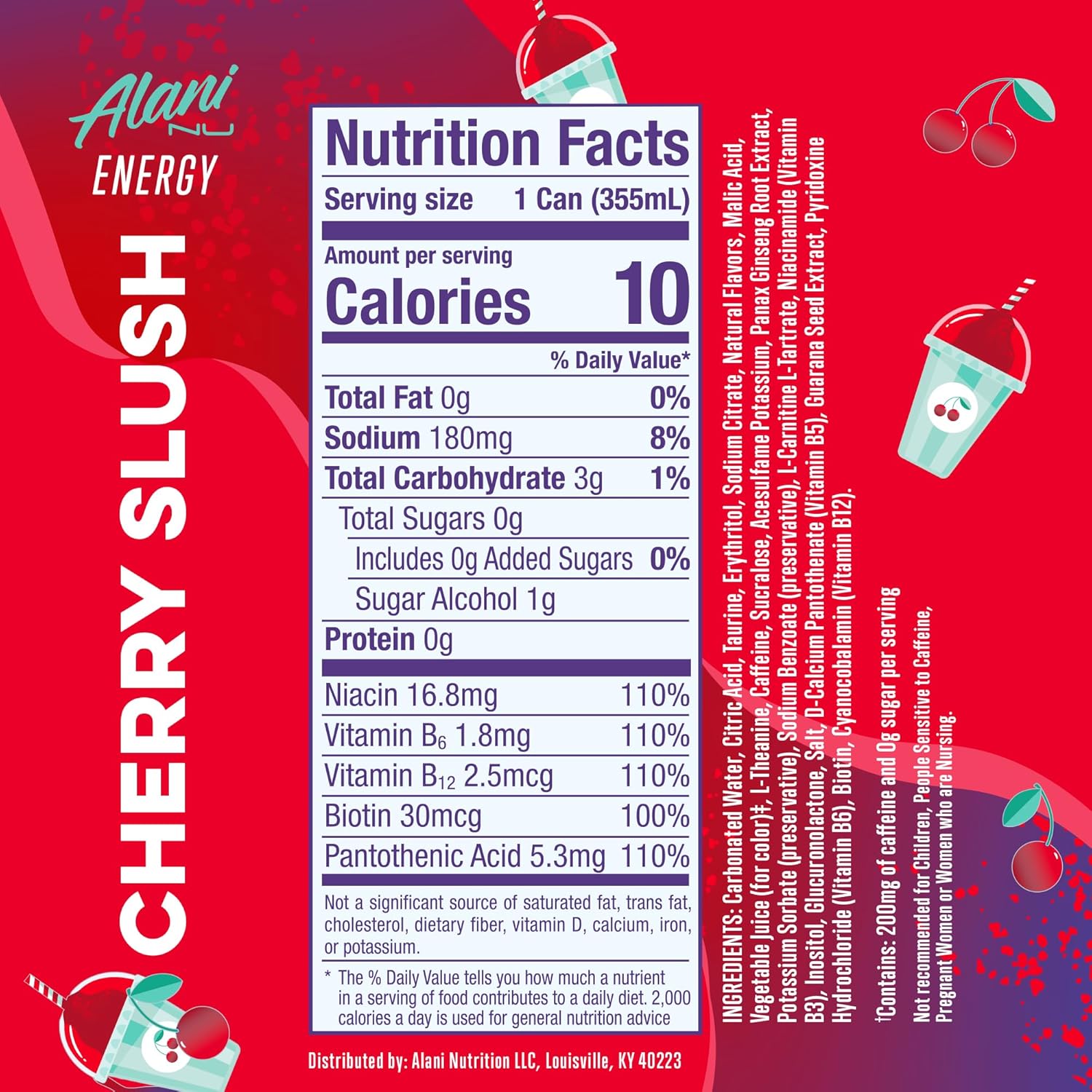 Alani Nu CHERRY SLUSH Sugar Free, Low Calorie Energy Drinks, Antioxidants, Biotin, B Vitamins, Zero Sugar, 12 Count