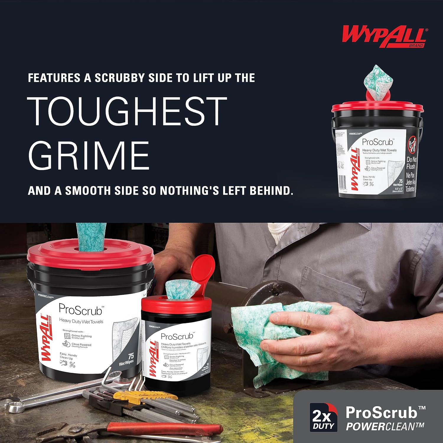 WypAll PowerClean ProScrub Heavy Duty Wet Towels (91371), Dual Action Cleaning, Large 9.5" x 12" Wipes, Bucket Included (75 Sheets/Container)