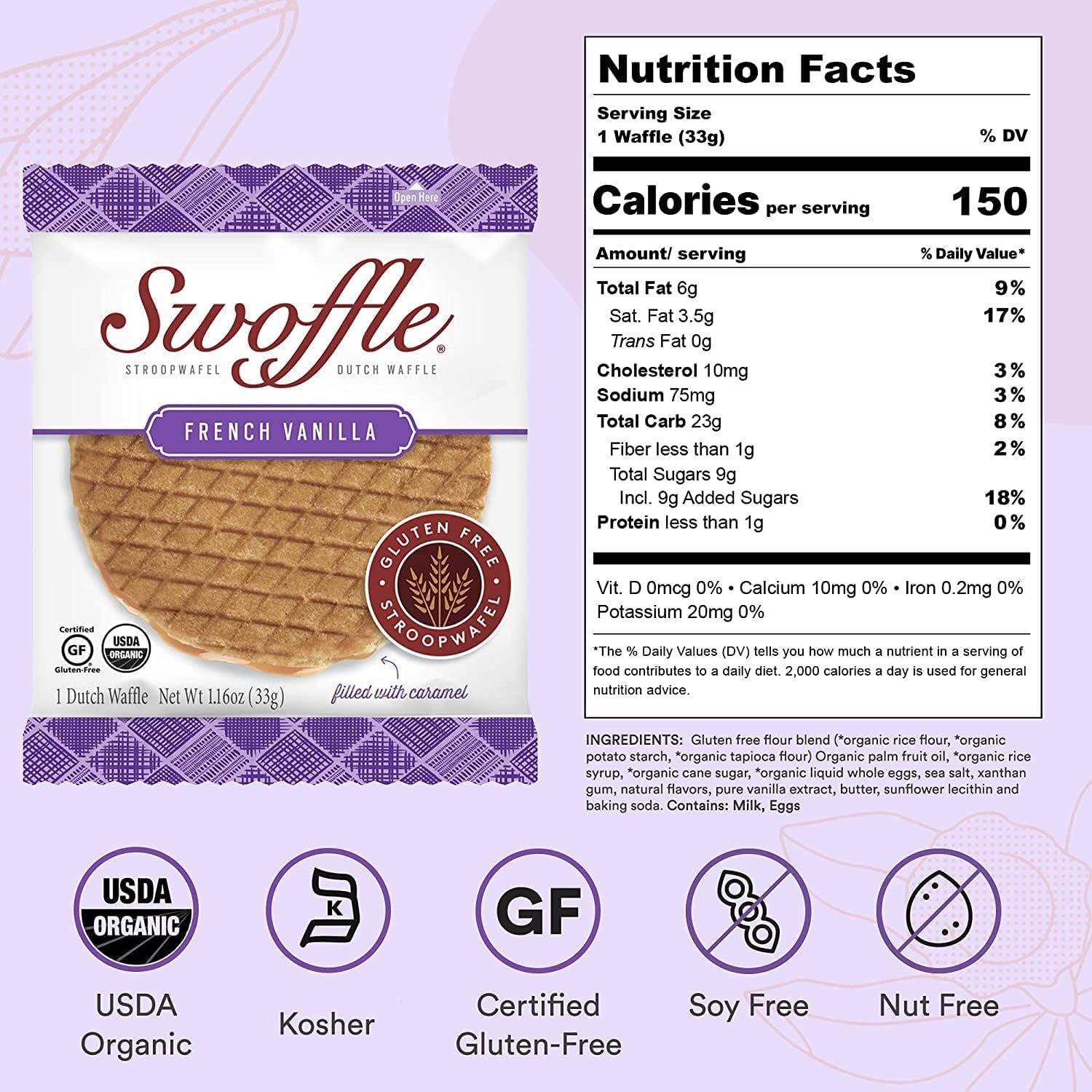 Gluten Free Organic Stroopwafels by Swoffle, Caramel Filled & French Vanilla, (12) Individually Wrapped Waffles, (6) of Each Flavor, 1.16oz Wafers