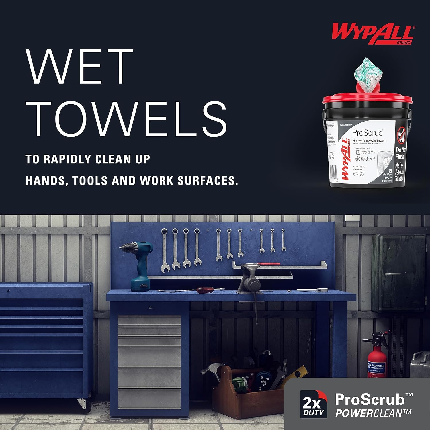 WypAll PowerClean ProScrub Heavy Duty Wet Towels (91371), Dual Action Cleaning, Large 9.5" x 12" Wipes, Bucket Included (75 Sheets/Container)
