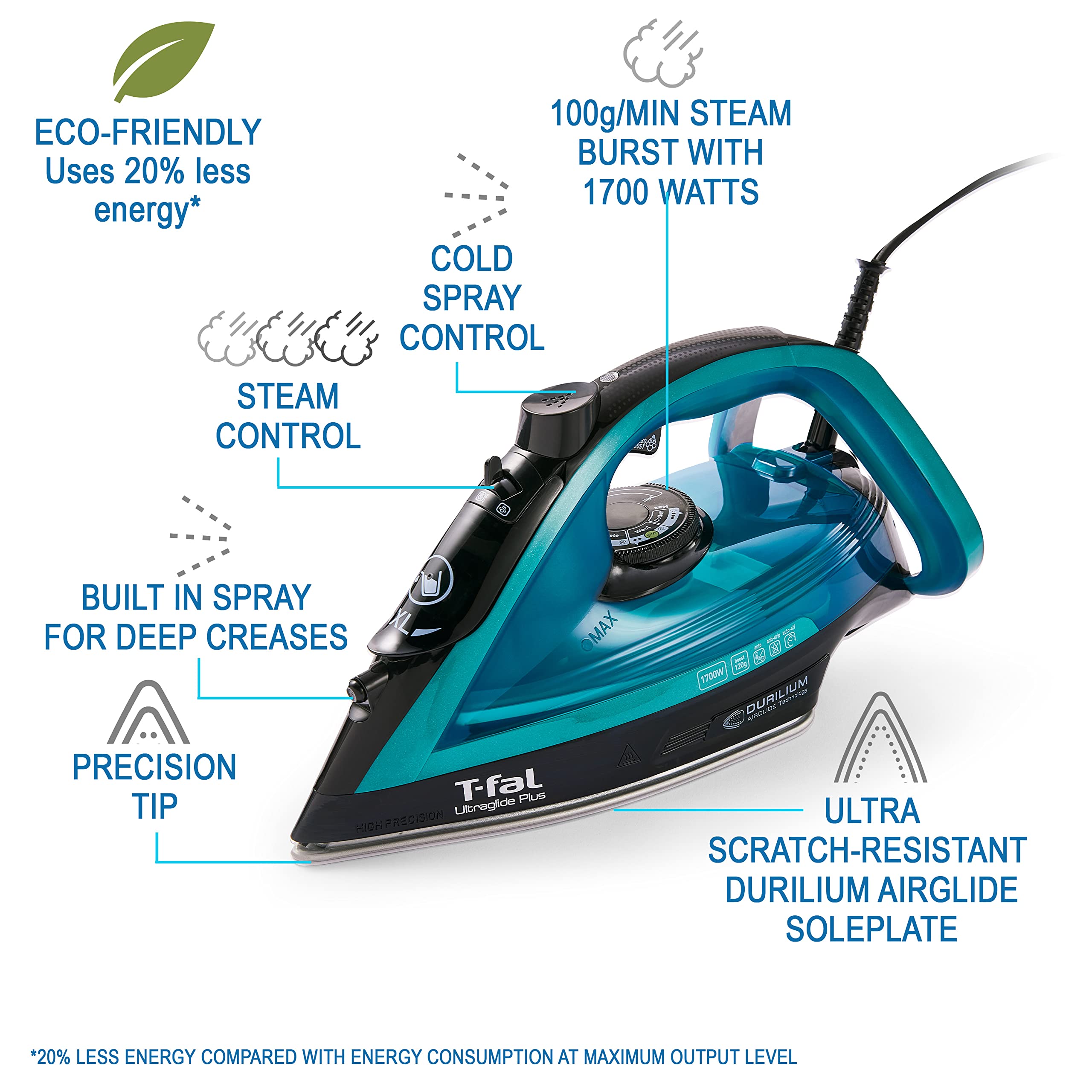 T-Fal Iron Ultraglide Steam Iron for Clothes, Durilium Soleplate, Precision Tip, Anti-Drip, Auto-Off, 1800 Watts, FV5841U0