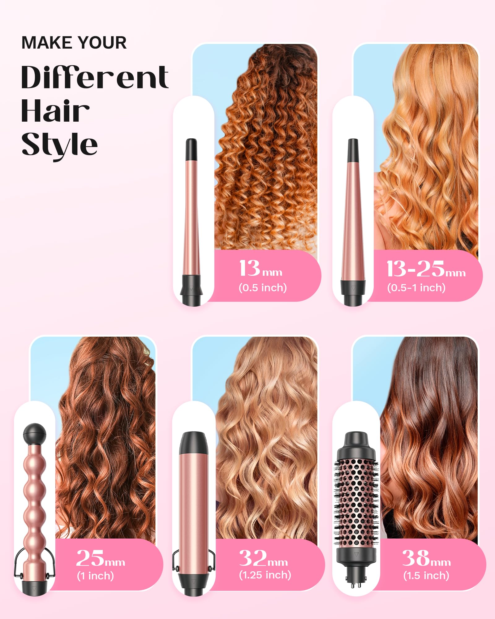 Wavytalk 5 in 1 Curling Iron,Curling Wand Set with Curling Brush and 4 Interchangeable Ceramic Curling Wand(0.5”-1.25”)