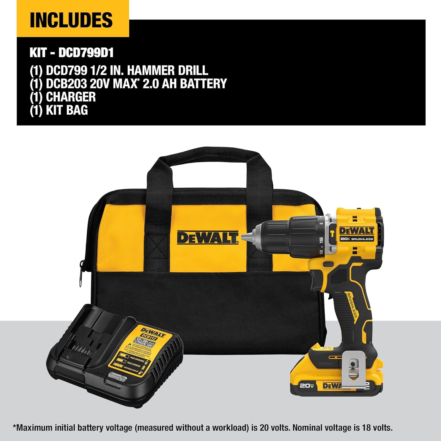 Dewalt DCD799D1 20V MAX ATOMIC COMPACT SERIES Brushless Lithium-Ion 1/2 in. Cordless Hammer Drill Kit (2 Ah)
