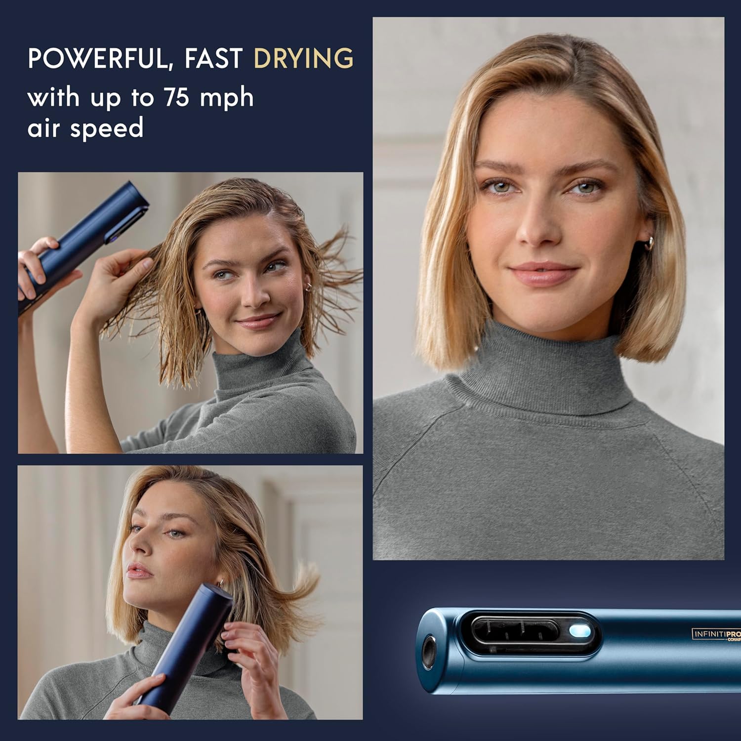 INFINITIPRO BY CONAIR DigitalAIRE Hair Dryer, Drying Wand, Straightener, Styler, All in One, Dark Blue