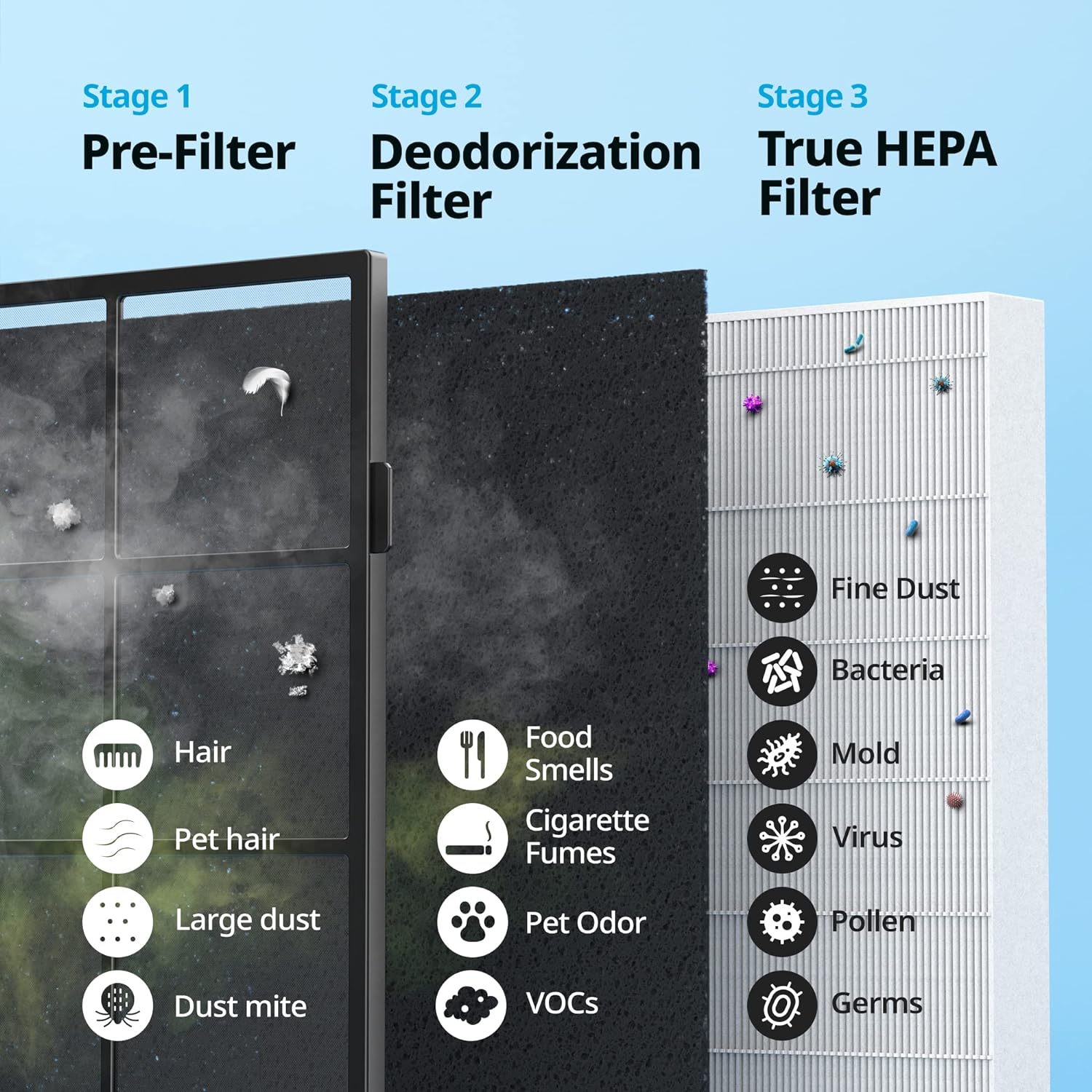 COWAY Air Purifiers for Home Up to 1,748ft², True HEPA Filter for Smoke, Allergies, Pet Dander, Odor, Air Quality Monitor, Auto&Eco Mode, Black