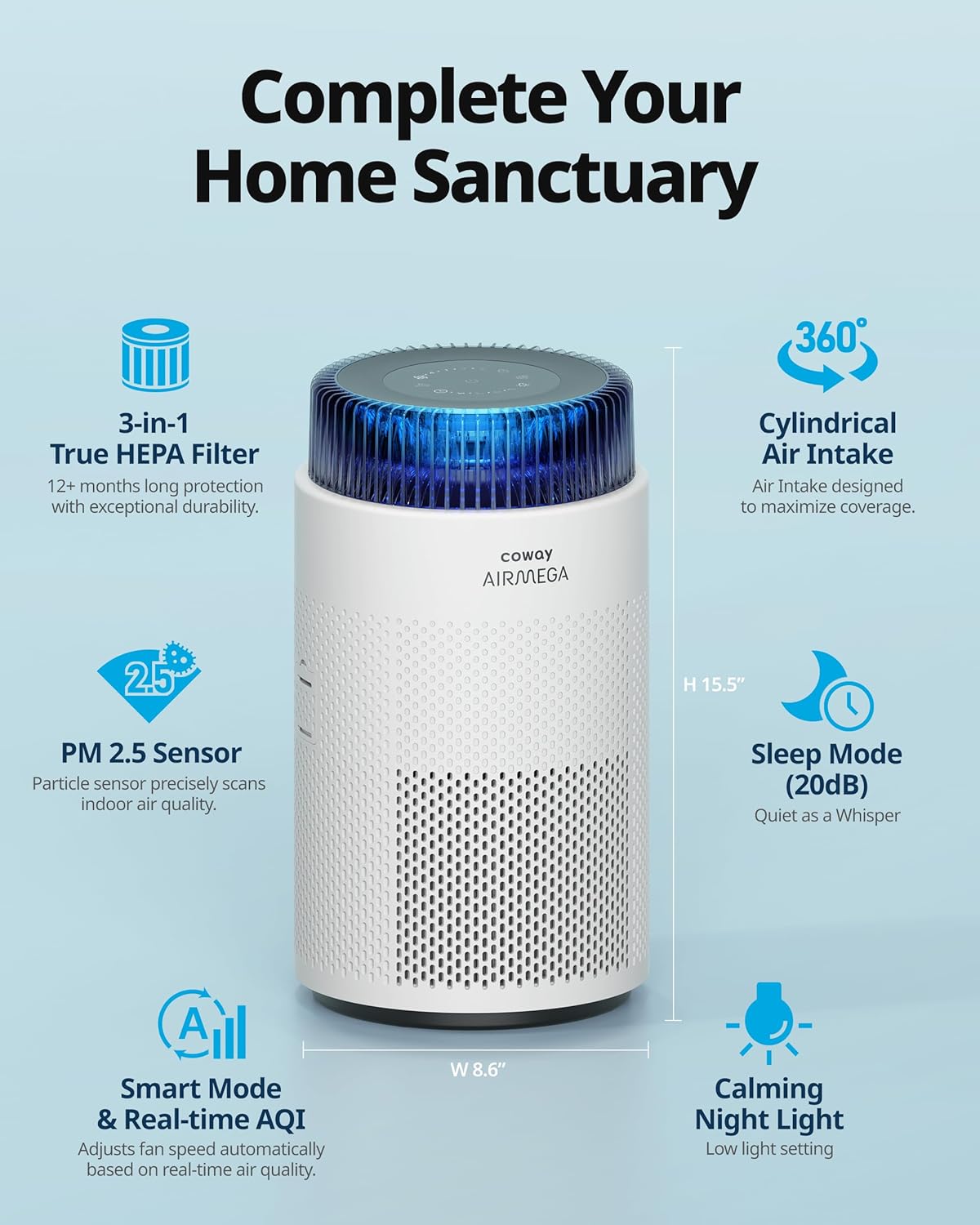 COWAY Air Purifiers for Bedroom Home up to 810 ft², True HEPA Filter