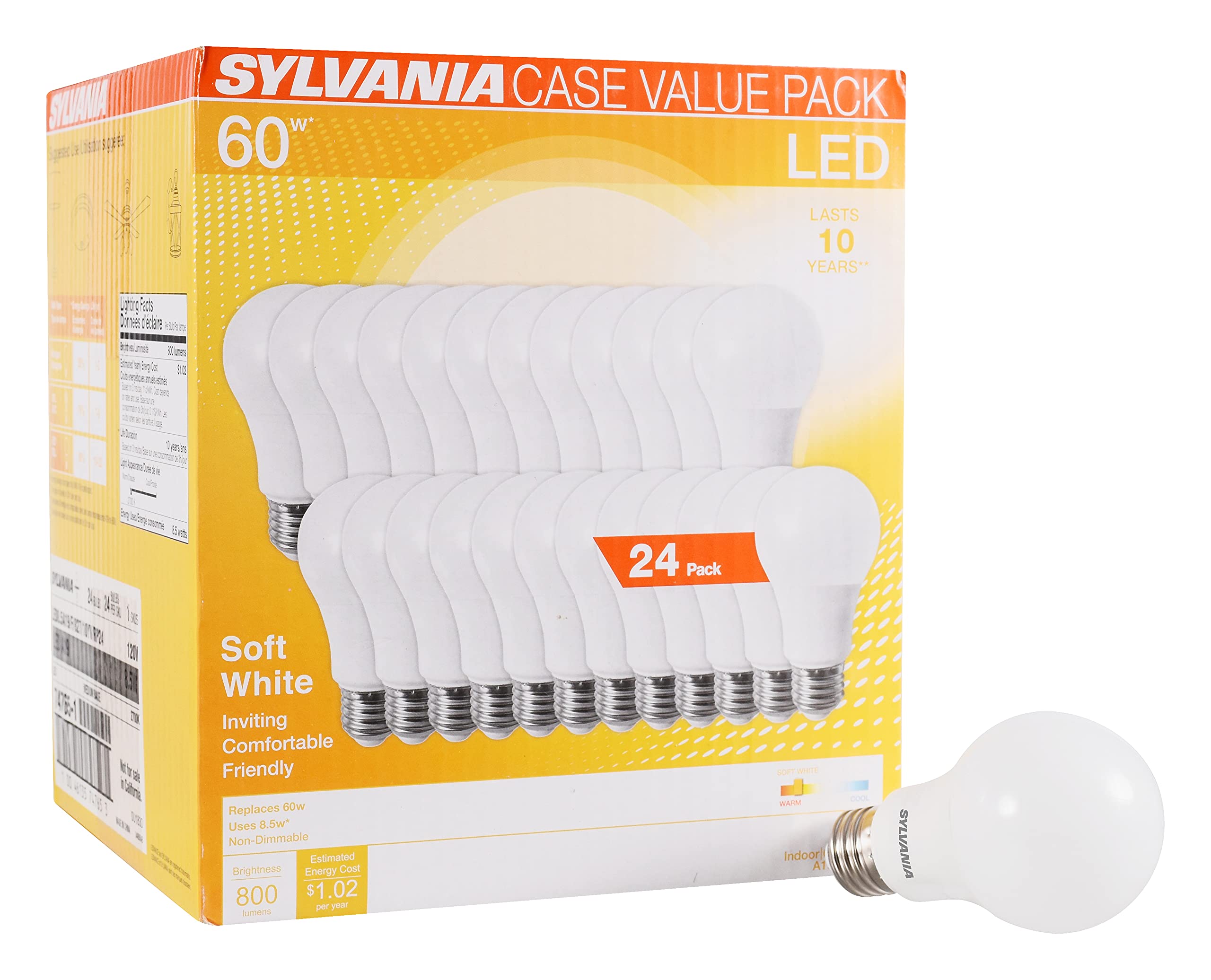 SYLVANIA LED A19 Light Bulb, 60W Equivalent, Efficient 8.5W, 10 Year, 2700K, 800 Lumens - 24 Pack (74765), Packaging may vary.