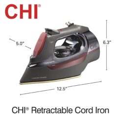 CHI Steam Iron for Clothes with 8’ Retractable Cord, 1700 Watts, 3-Way Auto Shutoff, 400+ Holes, Black/Chrome (13109)