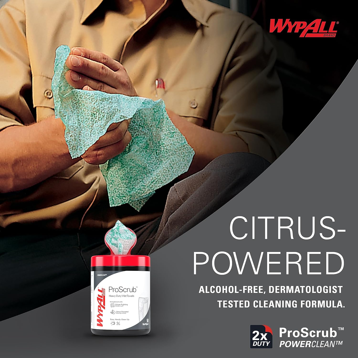 WypAll PowerClean ProScrub Heavy Duty Wet Towels (91371), Dual Action Cleaning, Large 9.5" x 12" Wipes, Bucket Included (75 Sheets/Container)