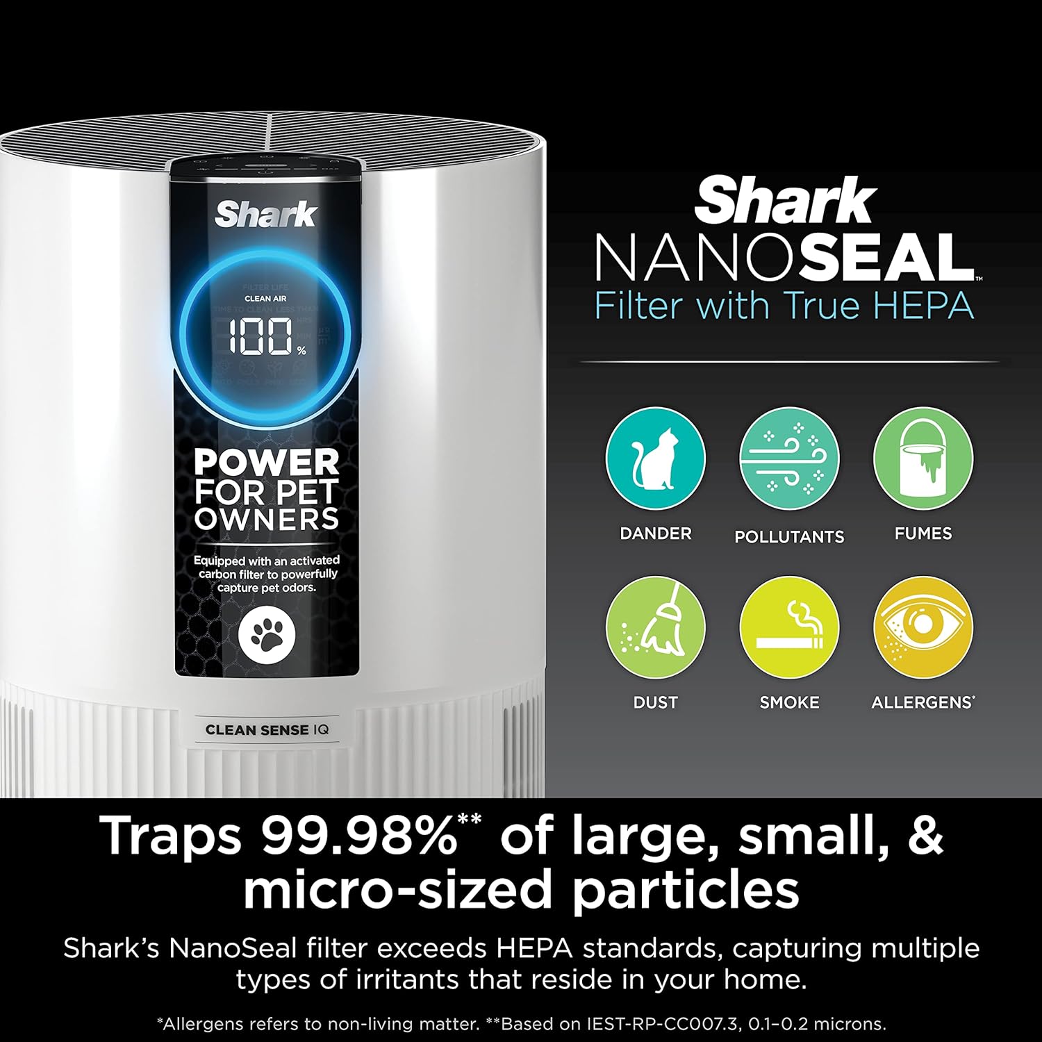 Shark Air Purifier For Home Pets, Allergies, Pet Hair, HEPA Air Filter, 500 Sq Ft, Small Room, Bedroom, Odor Eliminator Clean Sense, HP102PET