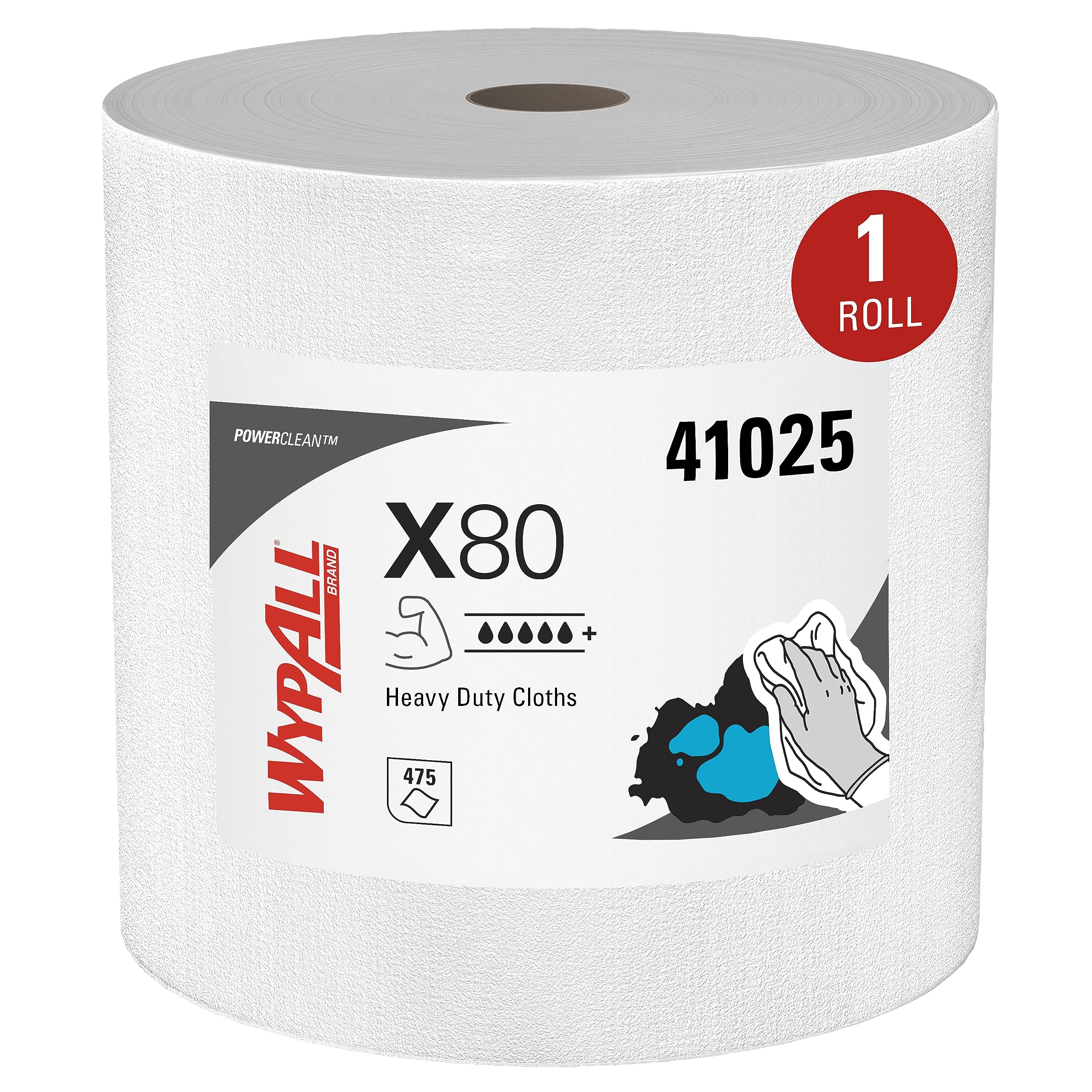 WypAll PowerClean X80 Heavy Duty Cloths, Jumbo Roll (41025), Extended Use Towels, White (475 Sheets/Roll, 1 Roll/Case, 475 Sheets/Case)