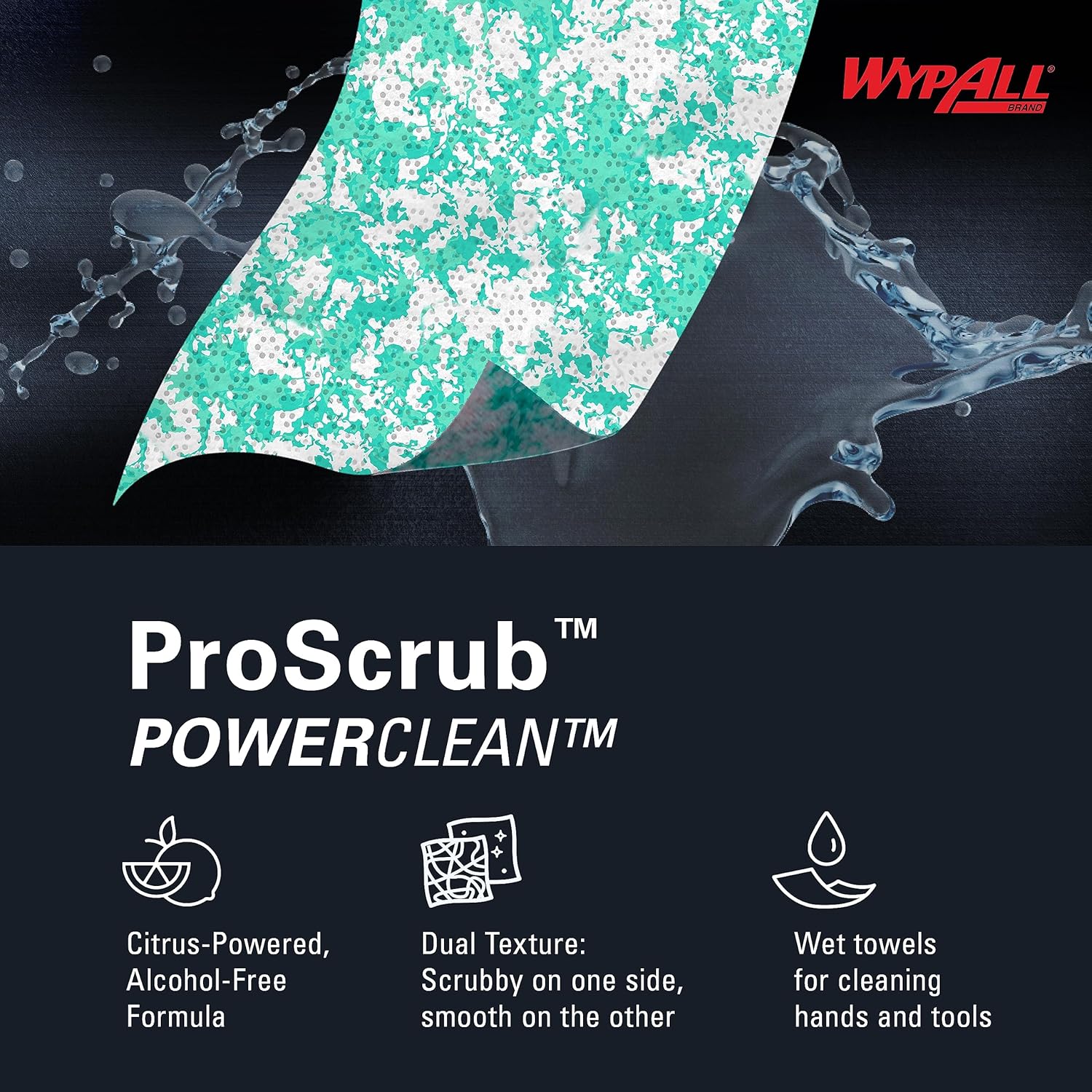 WypAll PowerClean ProScrub Heavy Duty Wet Towels (91371), Dual Action Cleaning, Large 9.5" x 12" Wipes, Bucket Included (75 Sheets/Container)