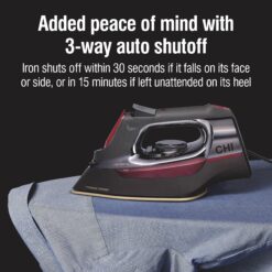 CHI Steam Iron for Clothes with 8’ Retractable Cord, 1700 Watts, 3-Way Auto Shutoff, 400+ Holes, Black/Chrome (13109)