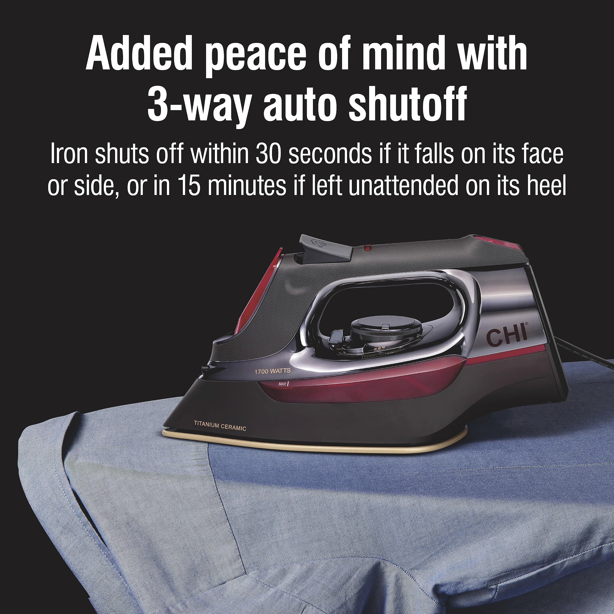 CHI Steam Iron for Clothes with 8’ Retractable Cord, 1700 Watts, 3-Way Auto Shutoff, 400+ Holes, Black/Chrome (13109)