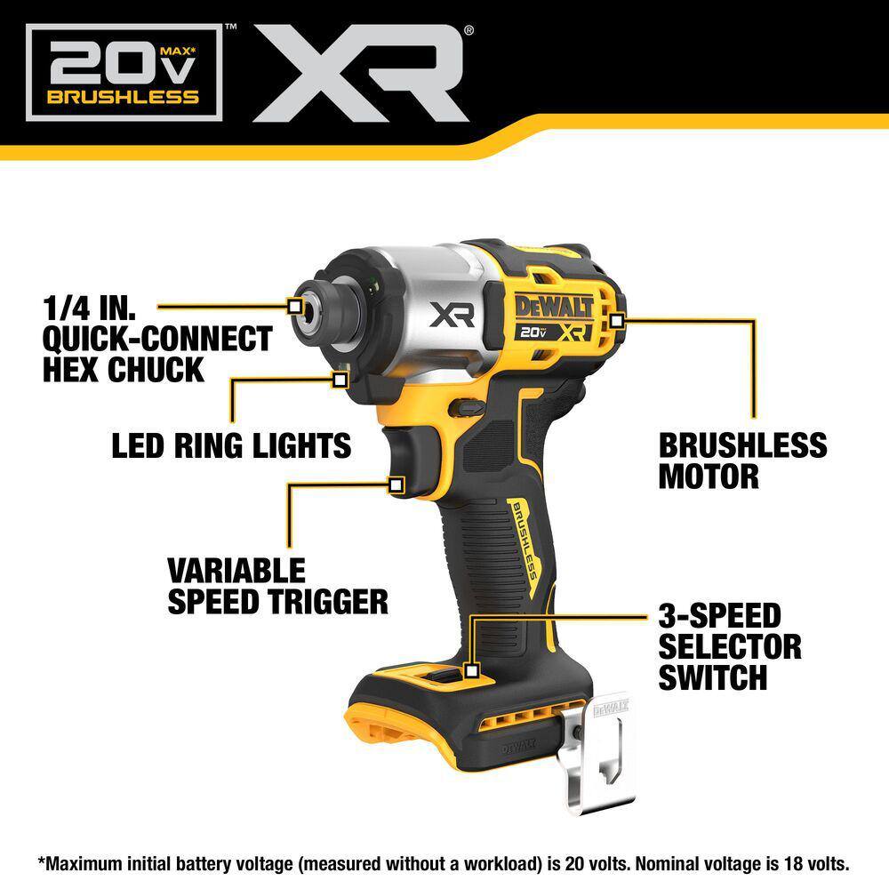 DEWALT 20-Volt Maximum XR Lithium-Ion Cordless Brushless 1/4 in. 3-Speed Impact Driver Kit with 5.0 Ah Battery, Charger and Bag