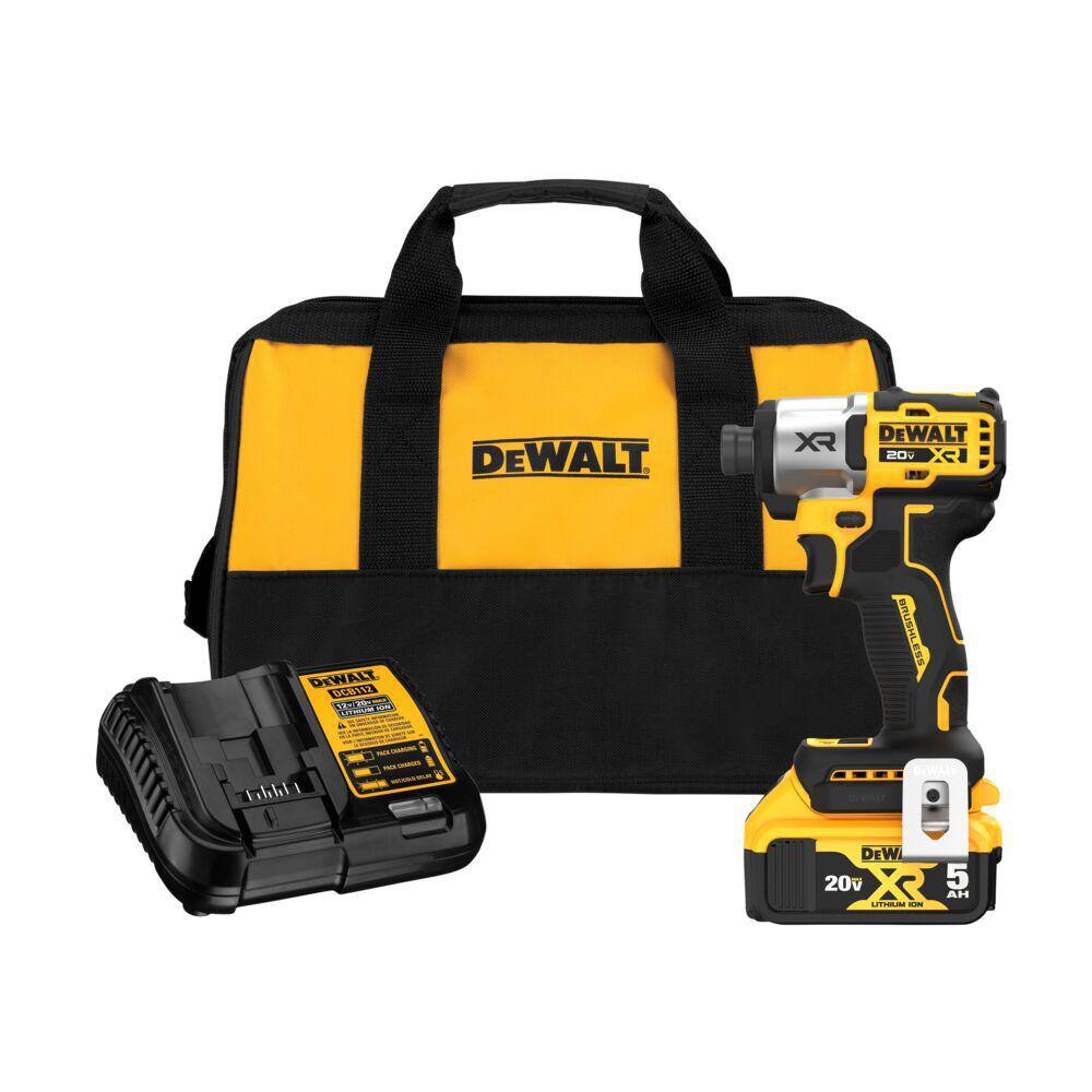 DEWALT 20-Volt Maximum XR Lithium-Ion Cordless Brushless 1/4 in. 3-Speed Impact Driver Kit with 5.0 Ah Battery, Charger and Bag