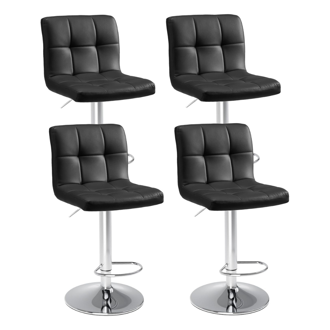 Sweetcrispy Bar Stools Set of 4, PU Leather Adjustable Swivel Barstools, Armless Hydraulic Kitchen Counter Height Bar Stools, Black