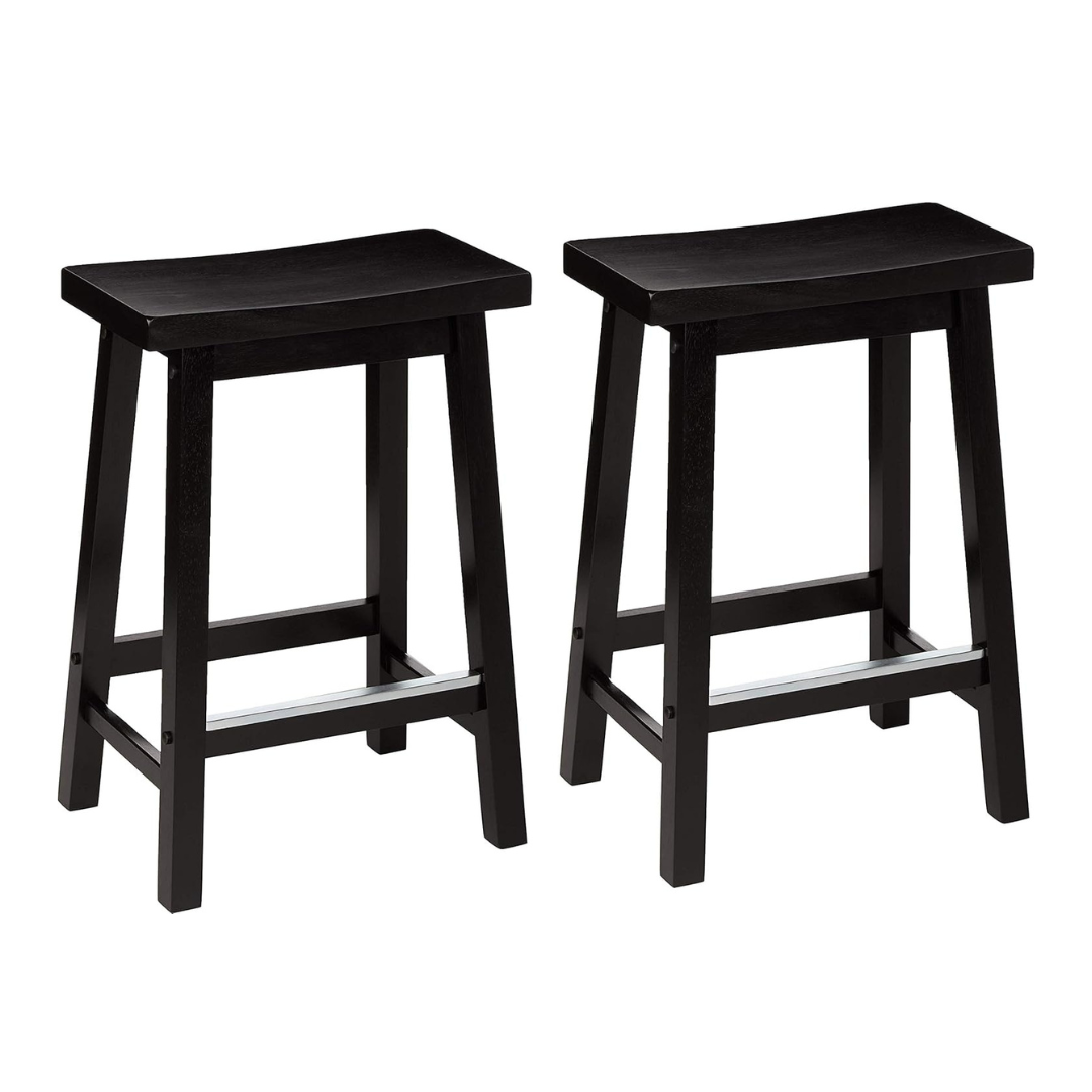 Amazon Basics Solid Wood Saddle-Seat Counter-Height Kitchen Island BarStool, 24-Inch Height, Black - Set of 2