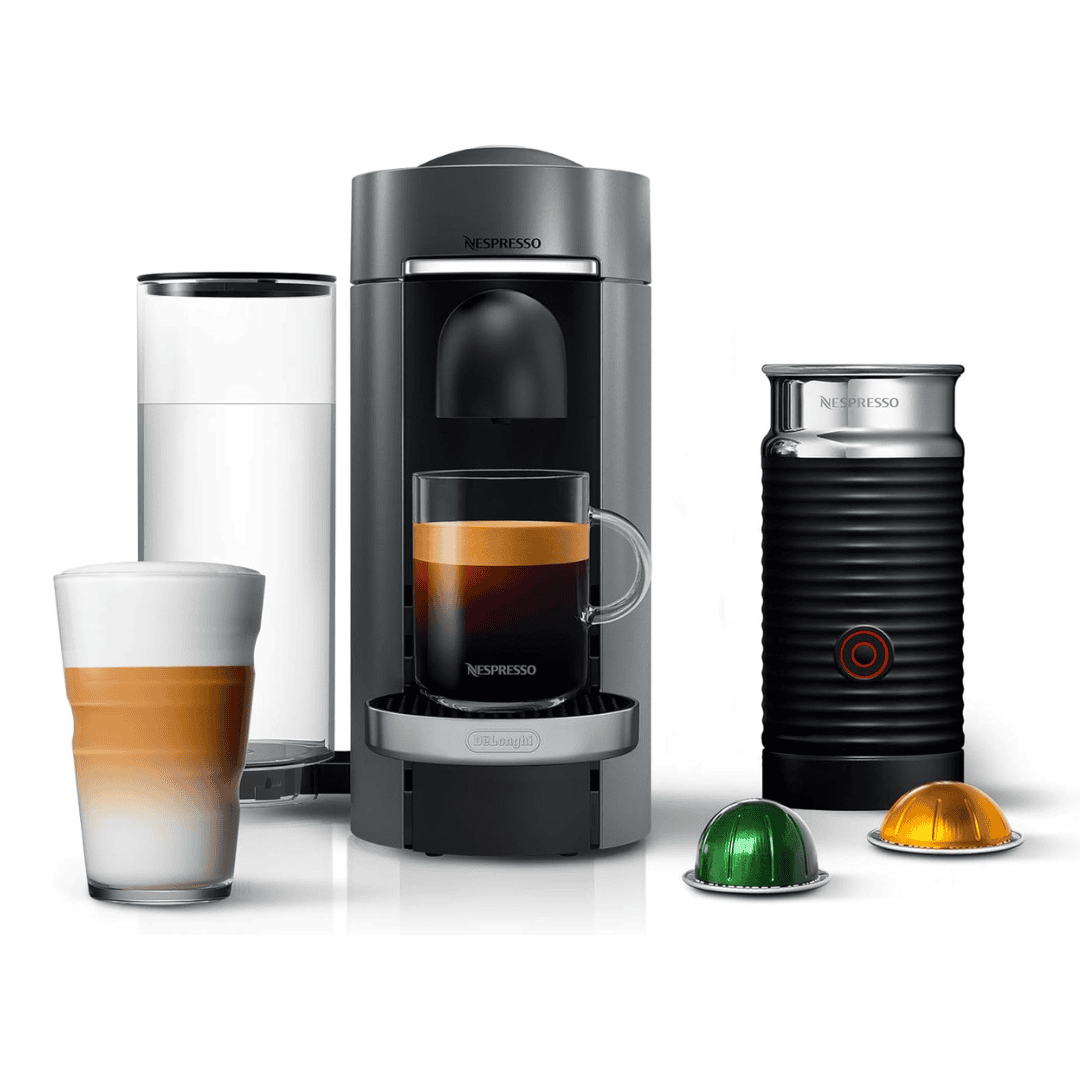 Nespresso Vertuo Plus Deluxe Coffee and Espresso Maker by De'Longhi, Titan with Aeroccino Milk Frother, 110 Volts