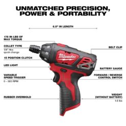 Milwaukee M12 12V Lithium-Ion Cordless 1/4 in. Hex Screwdriver (Tool-Only)