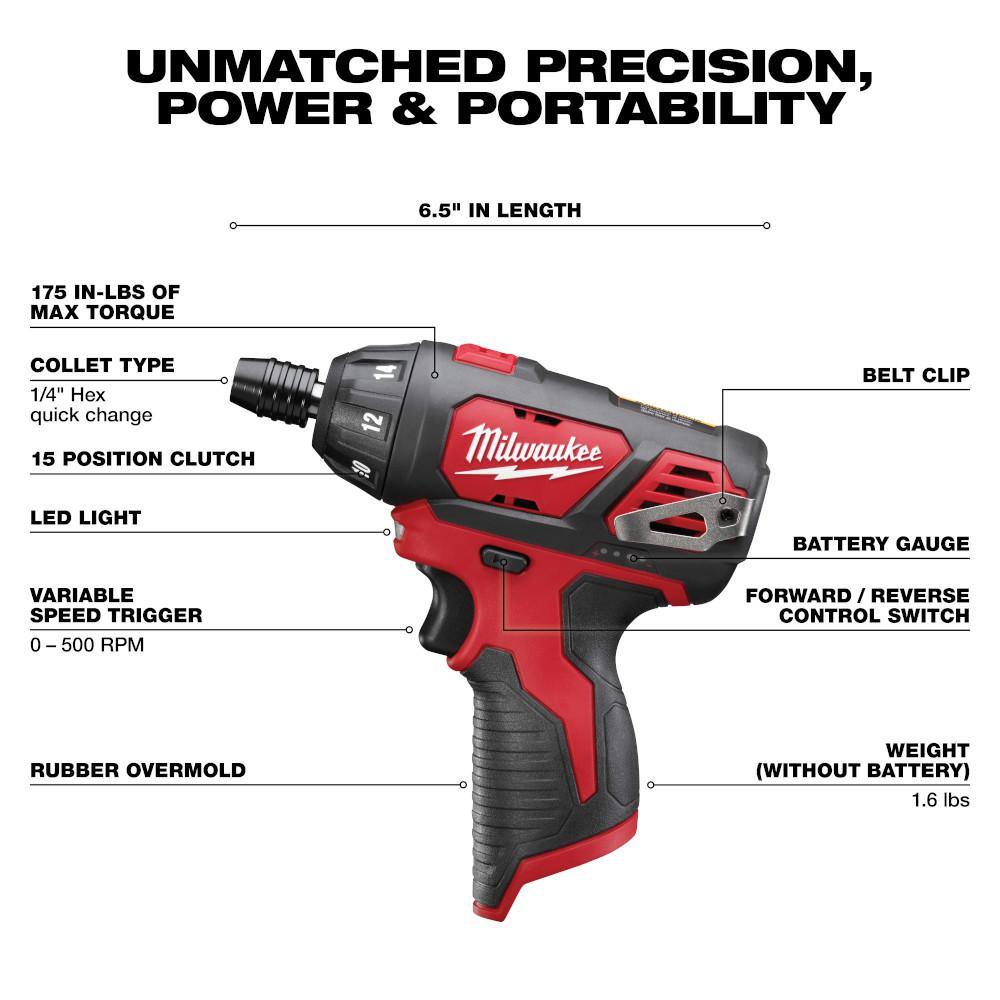 Milwaukee M12 12V Lithium-Ion Cordless 1/4 in. Hex Screwdriver (Tool-Only)