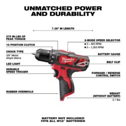 Milwaukee 2407-20 M12 12V Lithium-Ion Cordless 3/8 in. Drill/Driver (Tool-Only)
