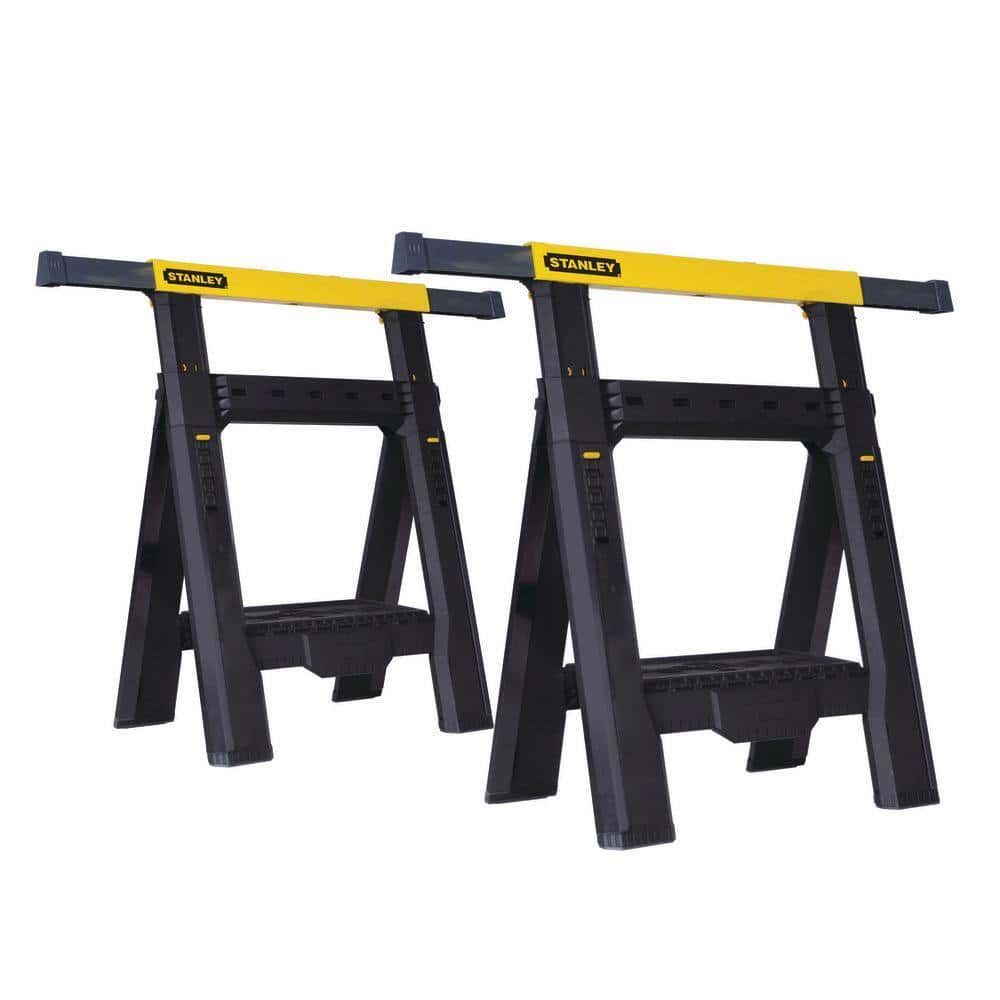 Stanley 31 in. 2-Way Adjustable Plastic Folding Sawhorse (2 Pack) and FATMAX 25 ft. x 1-1/4 in. Auto Lock Tape Measure