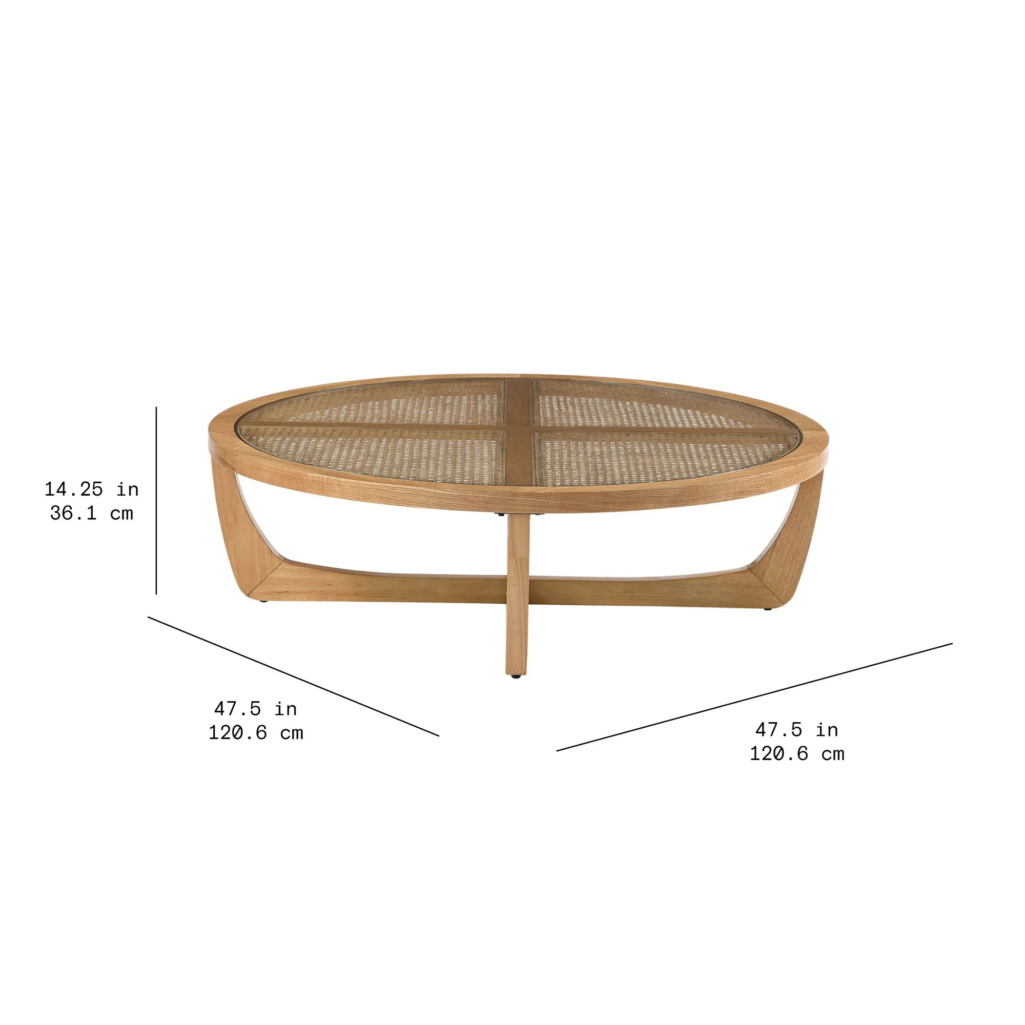 Beautiful by Drew Barrymore Round Rattan & Glass Top Coffee Table with Solid Wood Frame, Warm Honey Finish