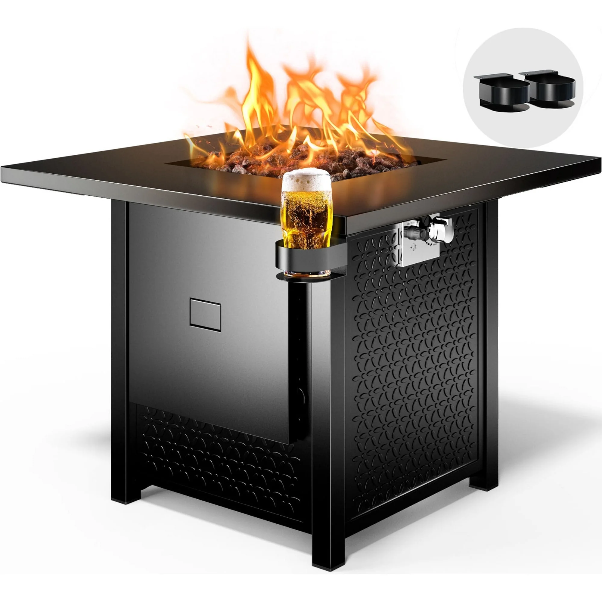 Myfurnideal 28 Inch Propane Fire Pits with Lid and Lava Rock, 50000 BTU Steel Gas Fire Pit Table for Outdoor