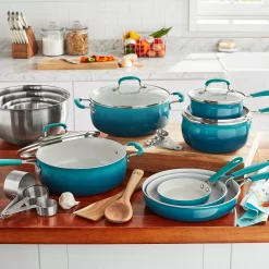 The Pioneer Woman 25-Piece Ceramic Nonstick Aluminum Cookware Set, Ombre Teal