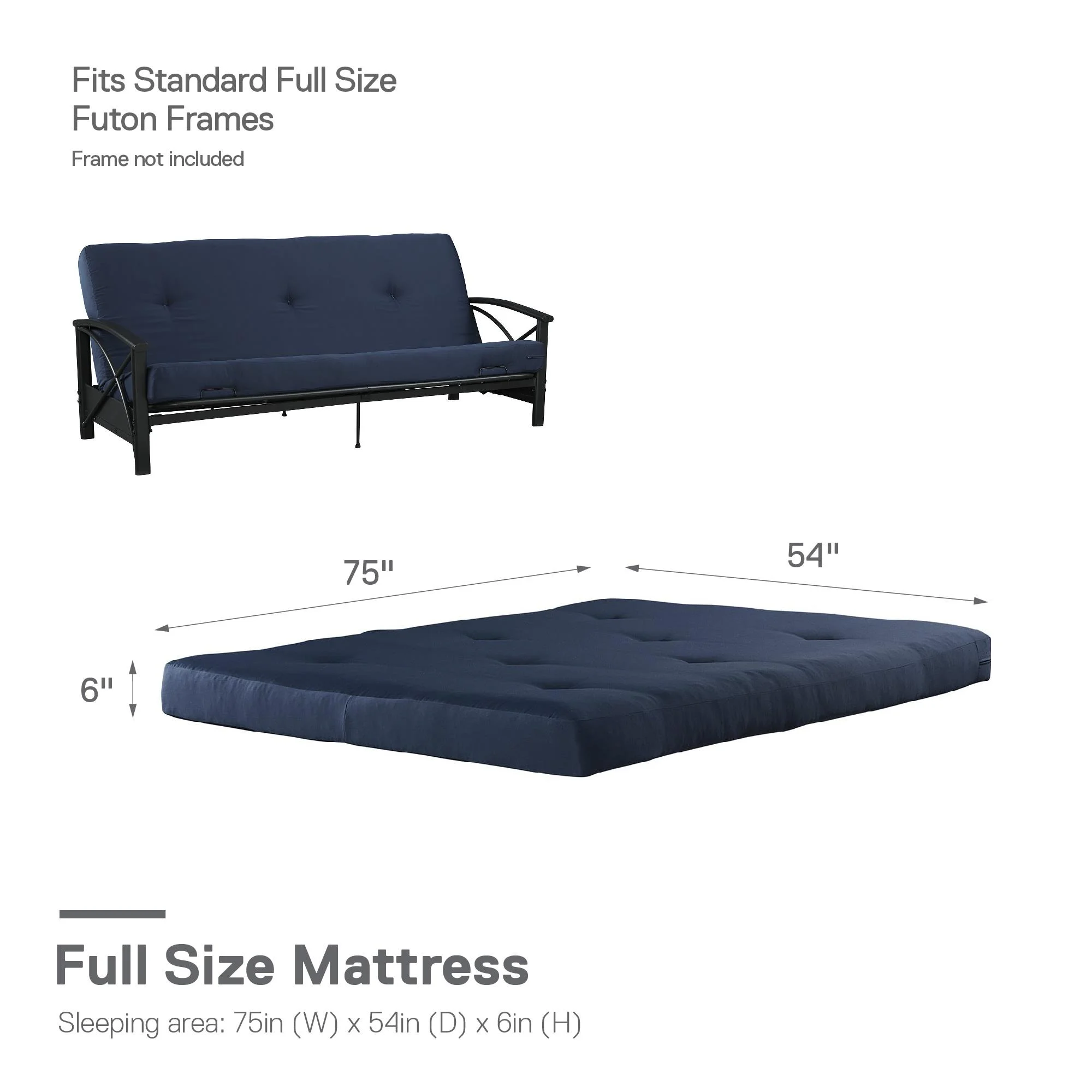Mainstays 6 Inch Futon Mattress with Tufted Cover and Recycled Polyester Fill, Full, Blue
