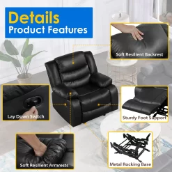 TrumanPick Manual Recliner Rocker Chair, Leather Rocker Recliner Living Room Theater Reclining Chairs for Adults Small Spaces, Black