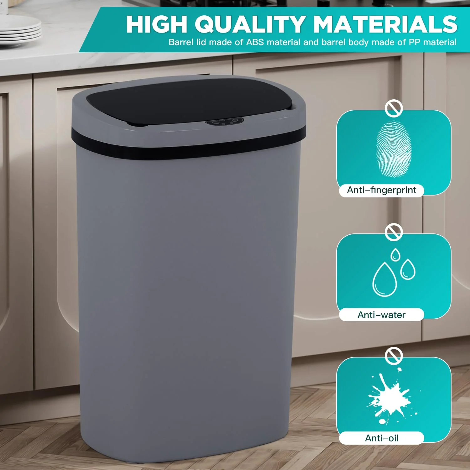 BestOffice 13 Gallon Plastic Touchless Trash Can with Motion Sensor for Indoor Use, 2 Pack(Gray)